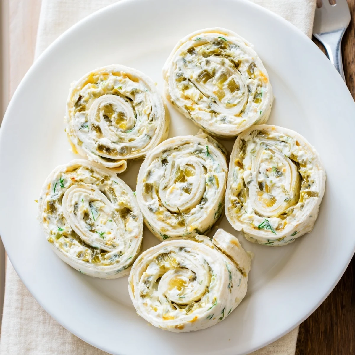 Pickle Dip Pinwheels served with toothpicks, creamy dill and green onion