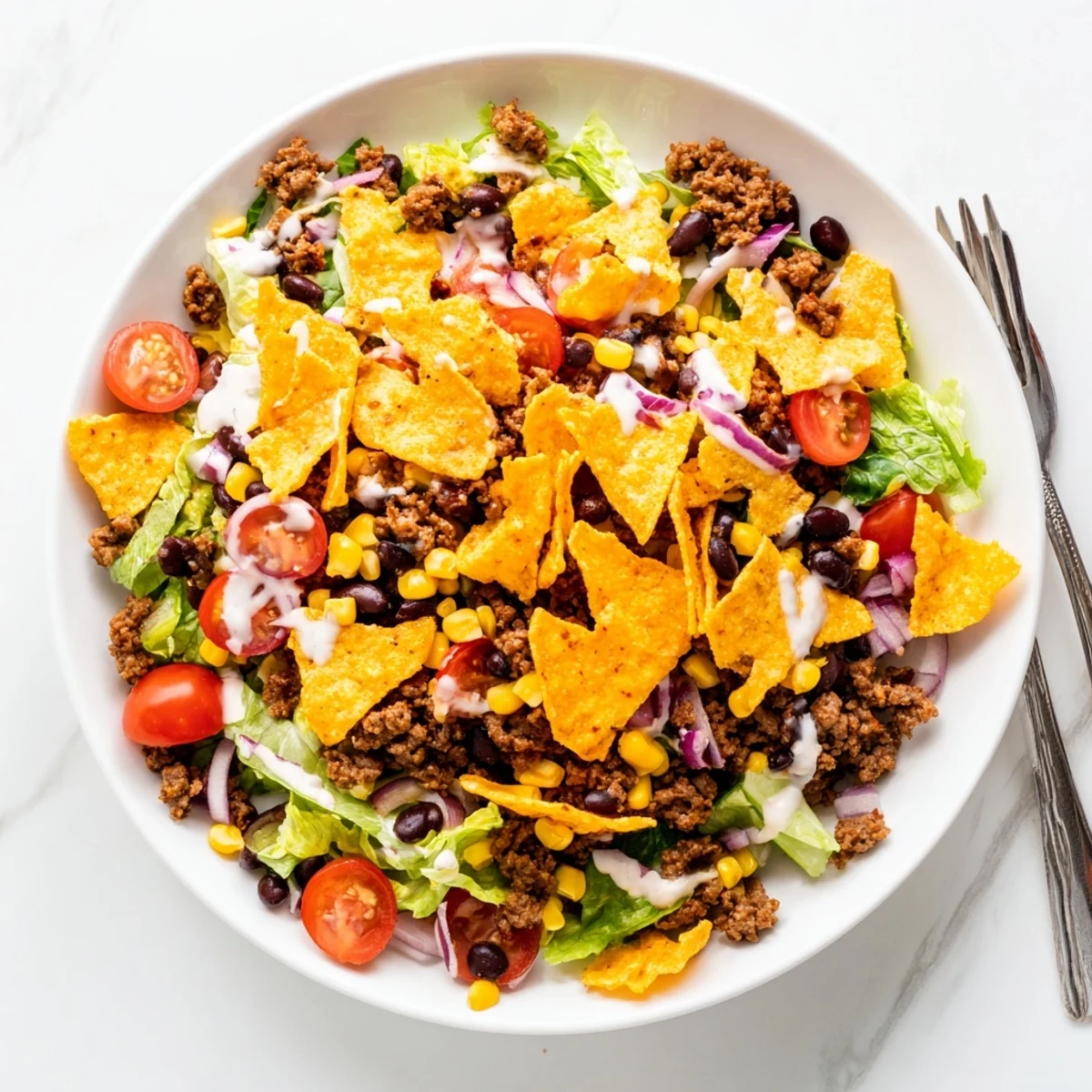 Bowl of Simple Doritos Taco Salad tossed with warm beef, bright tomatoes