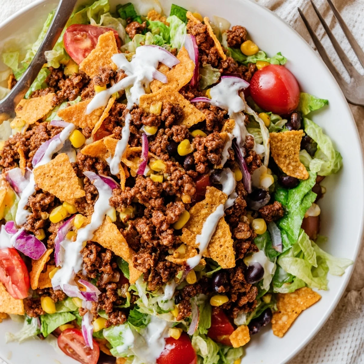 Family-style Simple Doritos Taco Salad served immediately for maximum crunch and flavor