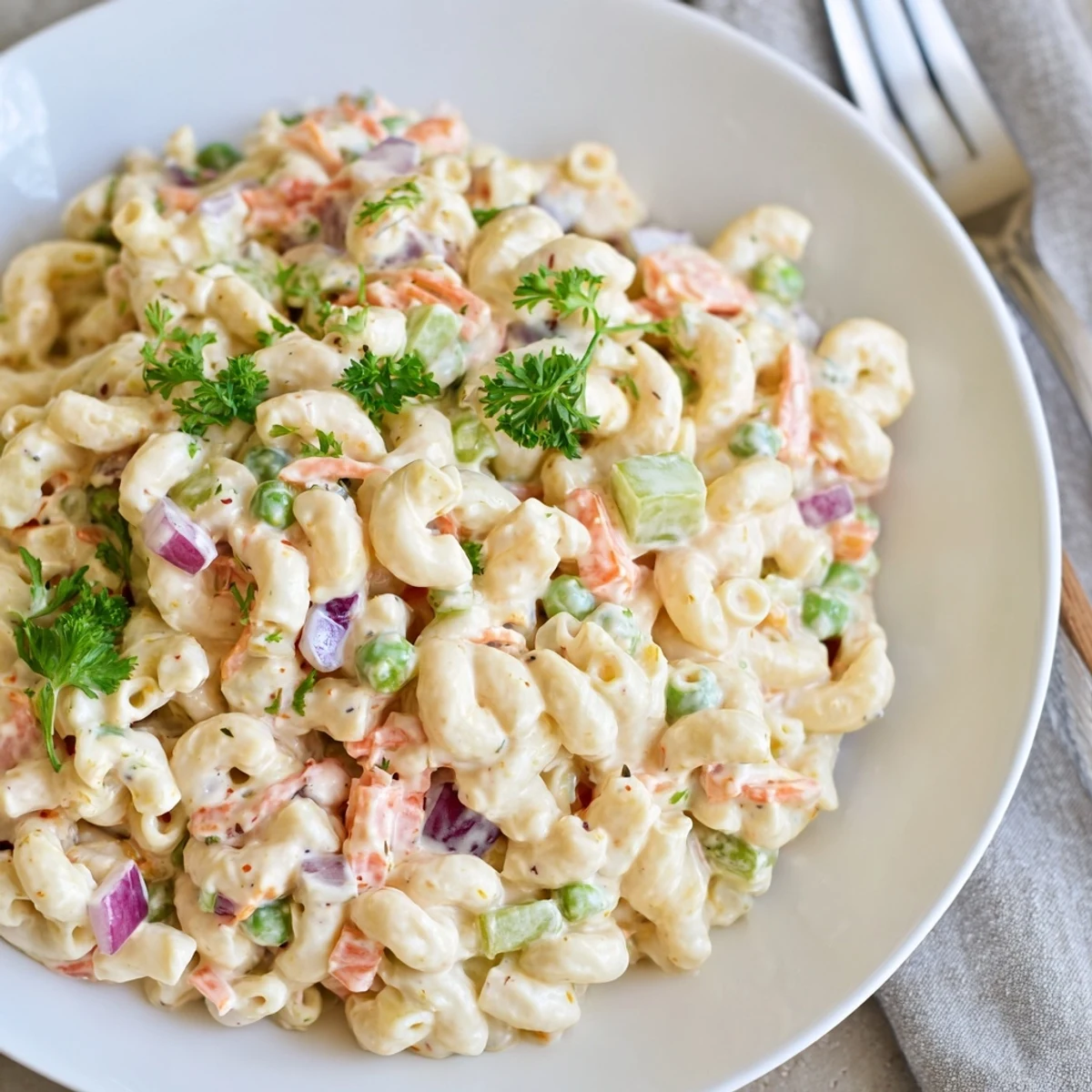 Creamy summer Macaroni Salad with crisp celery and red bell pepper