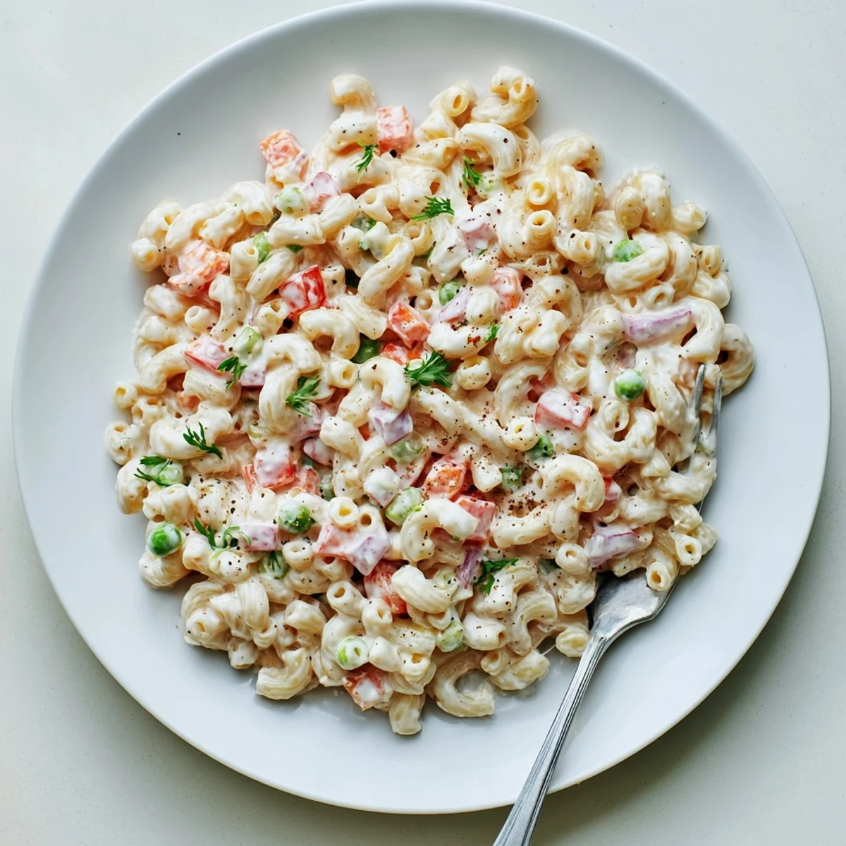 Chilled Macaroni Salad piled in a bowl, tender pasta, tangy dressing