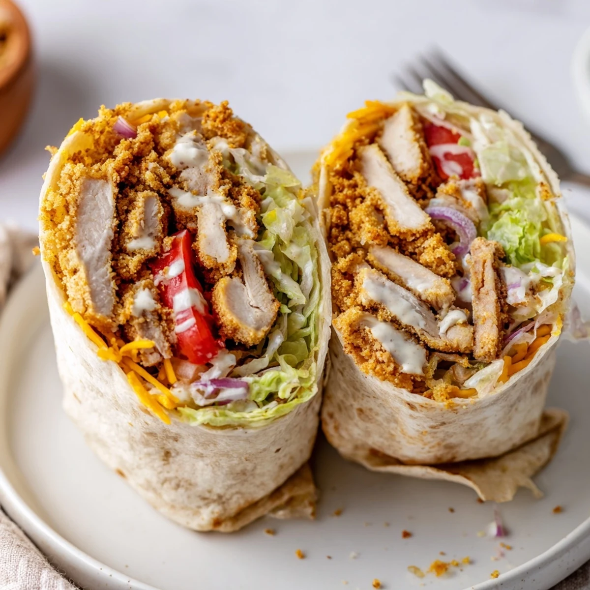 Crispy Chicken Ranch Wrap with golden fried strips, crunchy lettuce, creamy ranch