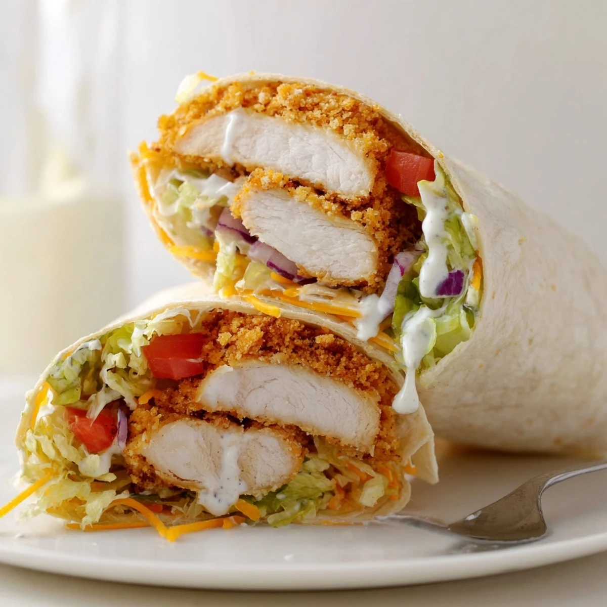 Homestyle Crispy Chicken Ranch Wrap sliced in half, gooey cheddar melting