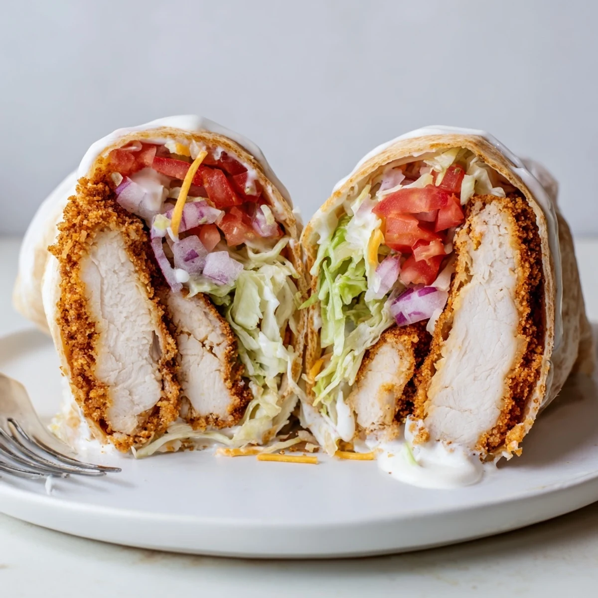 Crispy Chicken Ranch Wrap paired with crispy fries and tangy dressing drizzle