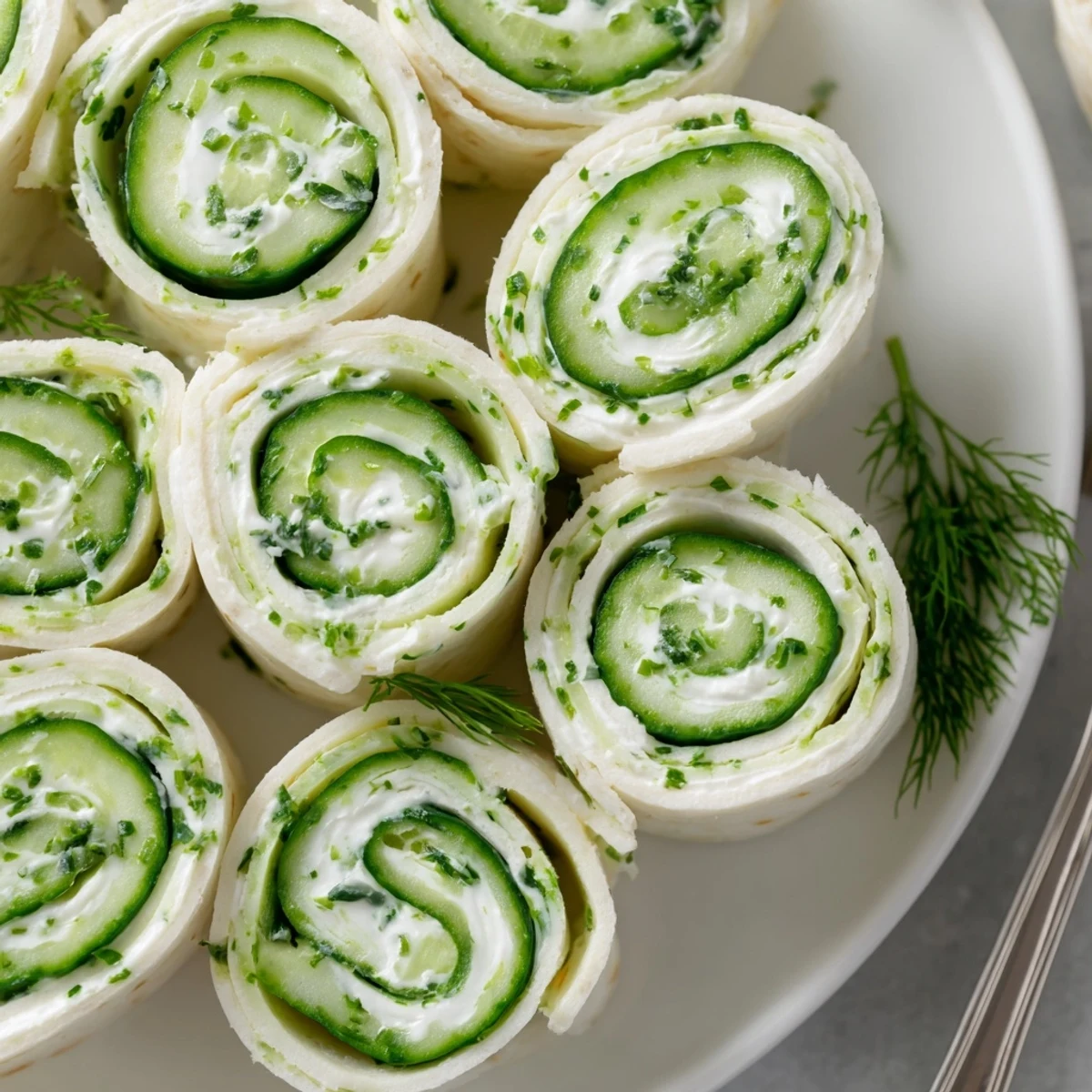 Bright Cucumber And Dill Pinwheels rolled in soft tortillas, perfect party bites