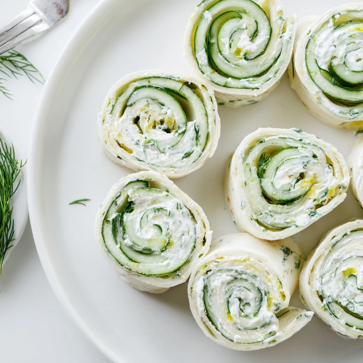 Thin cucumber slices visible in Cucumber And Dill Pinwheels, herby tangy cream cheese