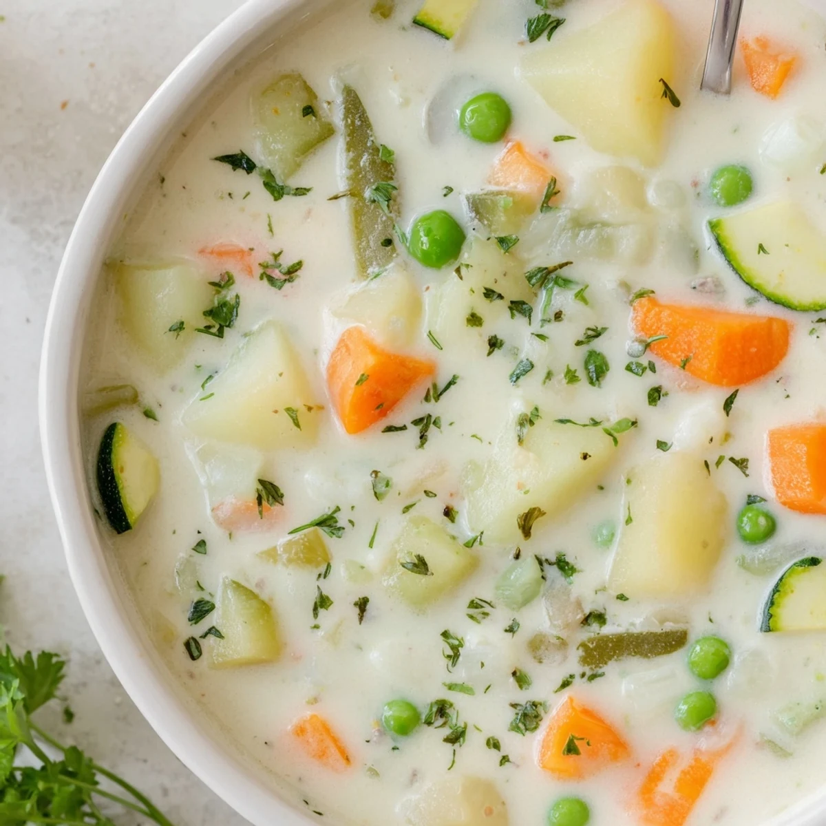 Steam rising from pot of Creamy Vegetable Soup Recipe, rich, savory aroma