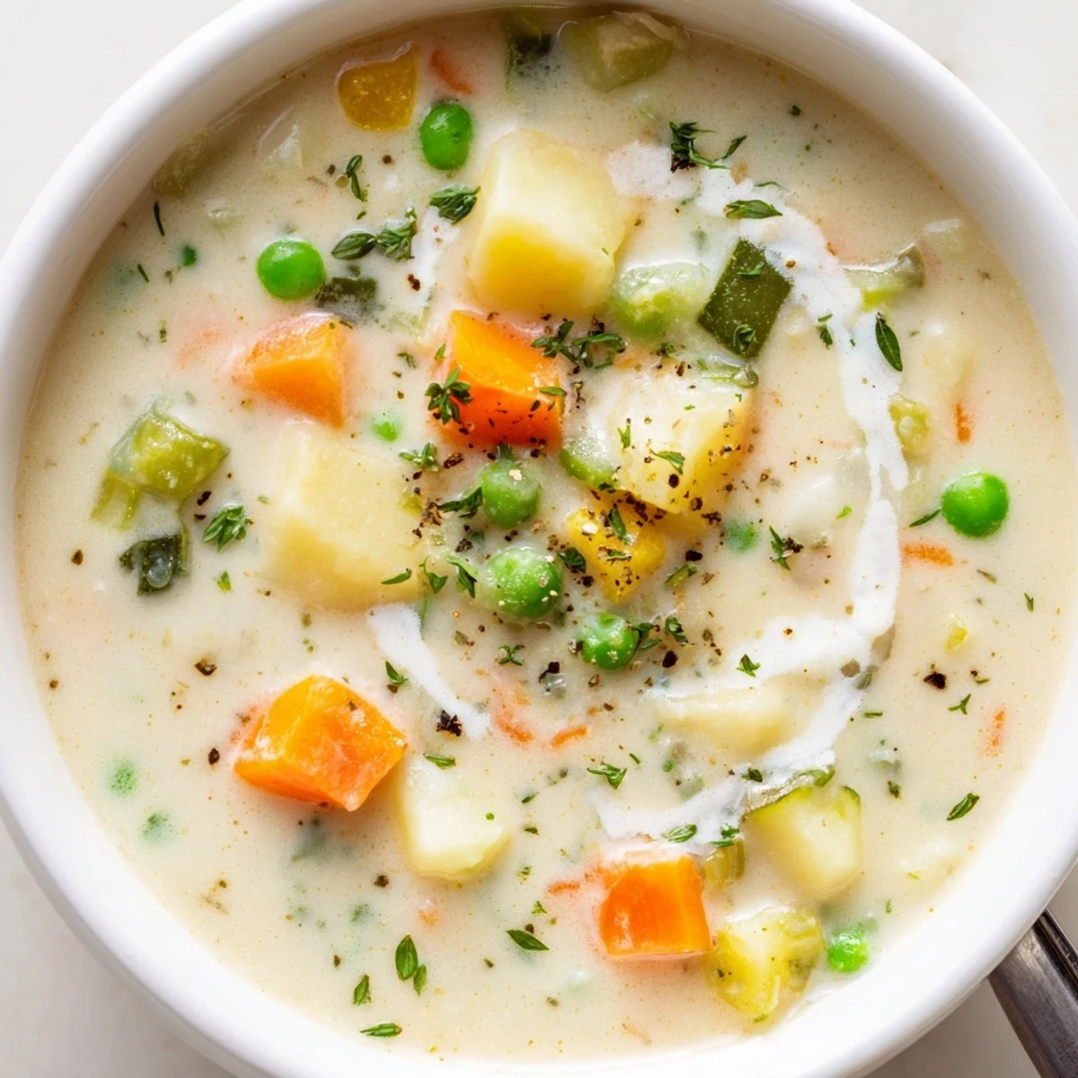 Bowl of Creamy Vegetable Soup Recipe topped with parsley, paired with crusty bread