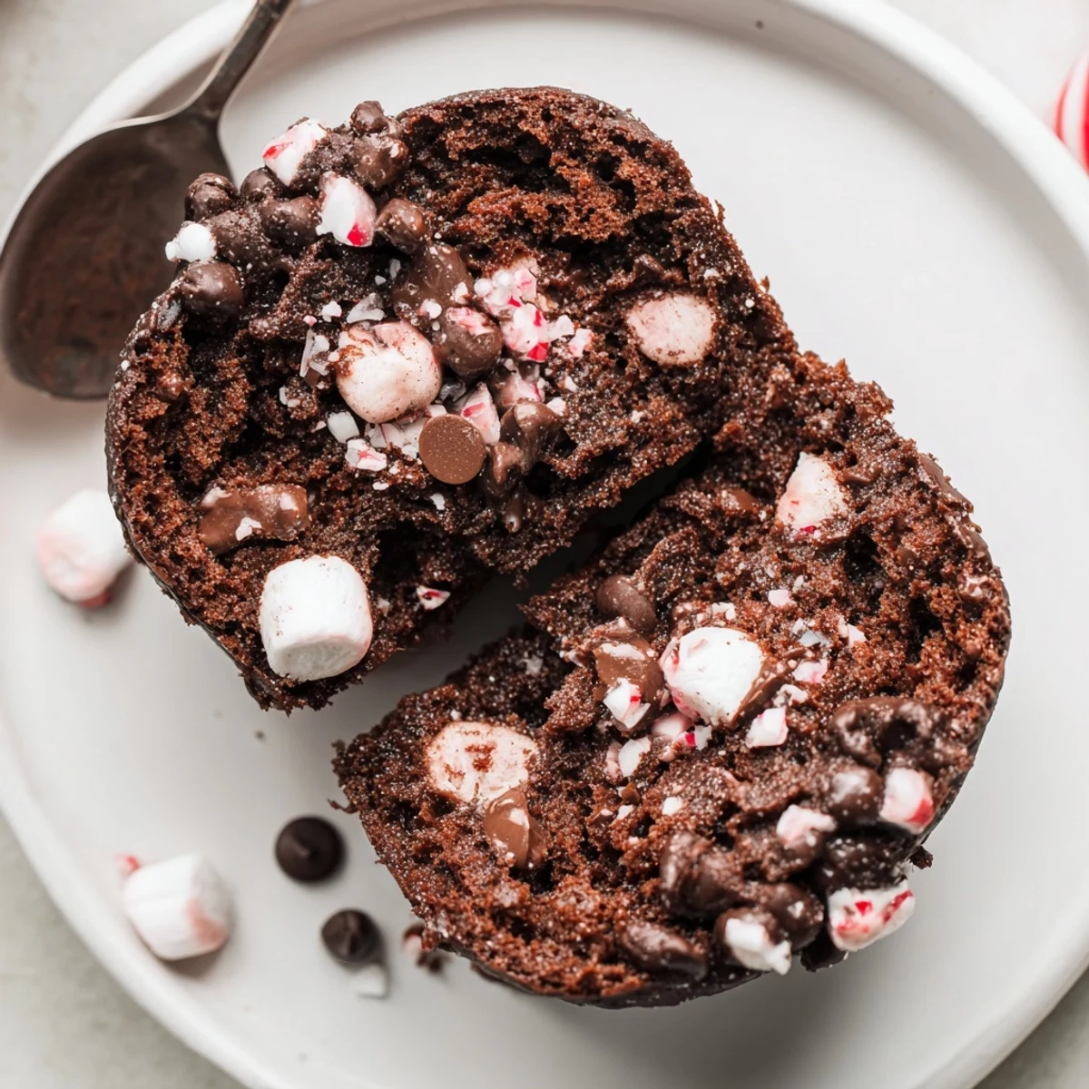 Warm Peppermint Hot Chocolate Muffins steaming beside a mug, marshmallow topping.