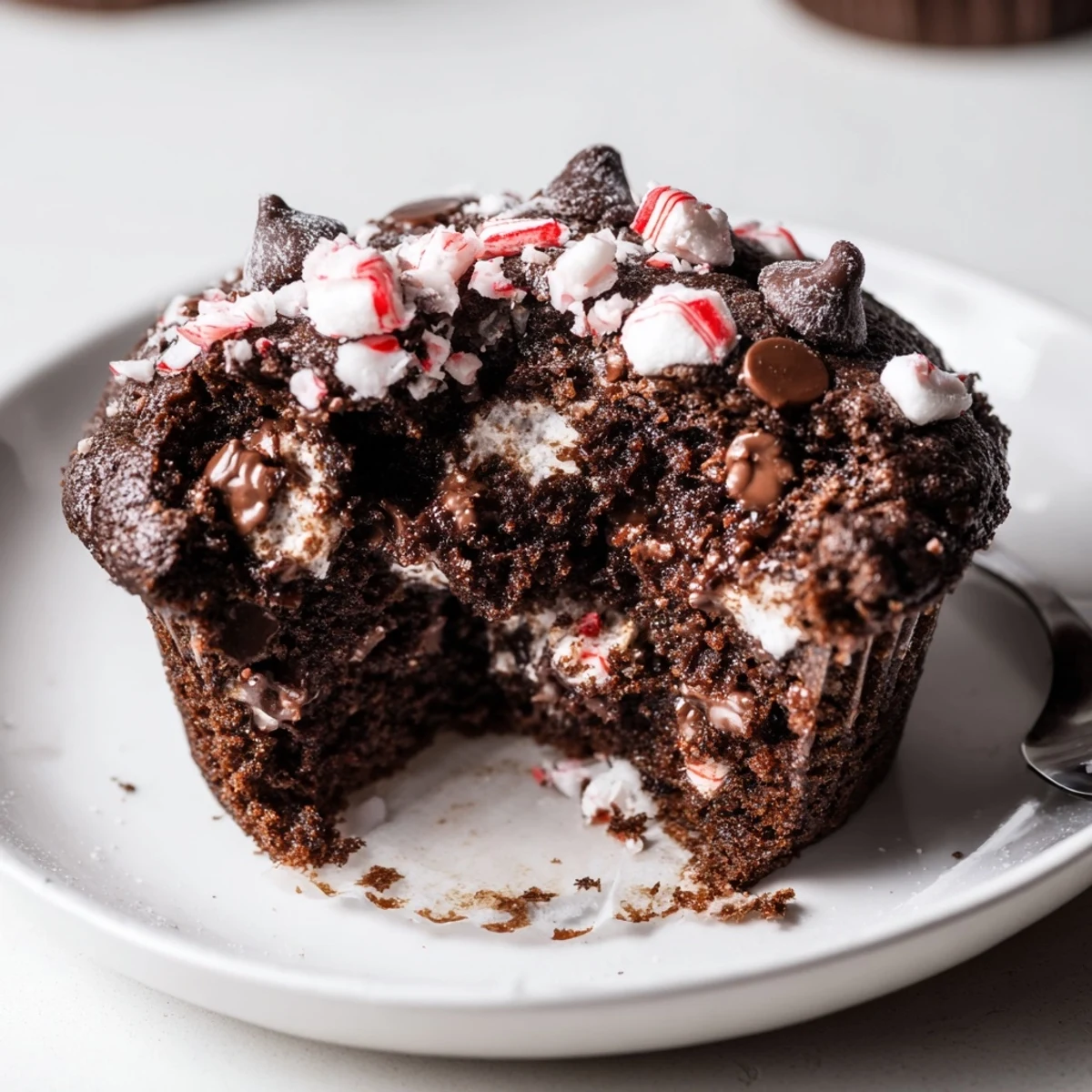 Peppermint Hot Chocolate Muffins with melty chips, crushed candy, cooling on rack.