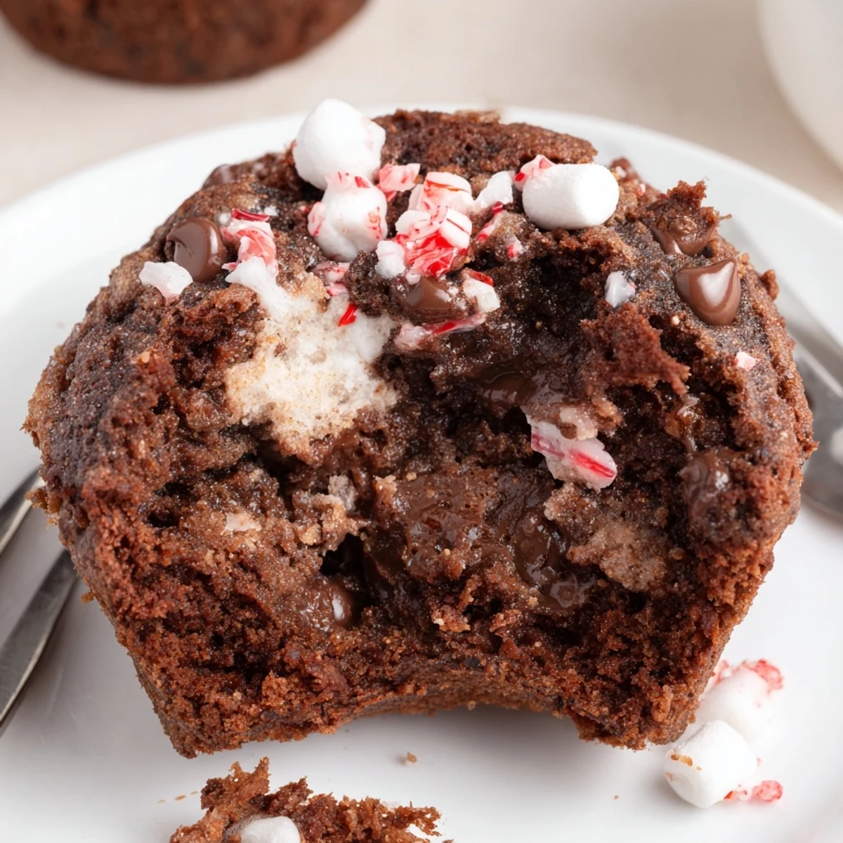 Tray of Peppermint Hot Chocolate Muffins, rich cocoa aroma, peppermint crunch.