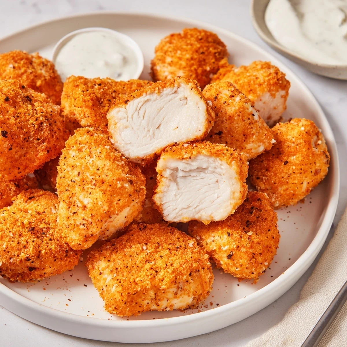 Crispy golden Chicken Bites piled on plate, steaming and ready to dip