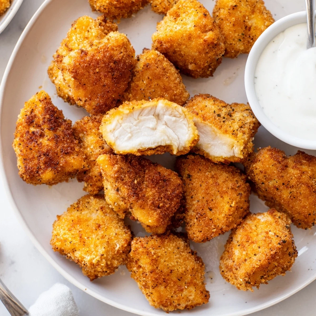 Buttermilk-marinated Chicken Bites frying to golden crunch, served with ranch