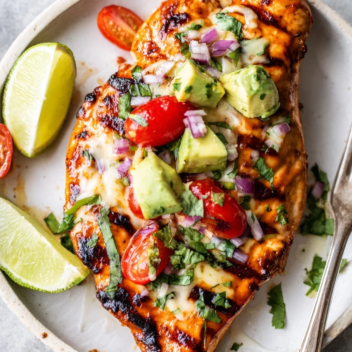 Grilled Fiesta Lime Chicken With Avocado, zesty charred edges and creamy avocado.  