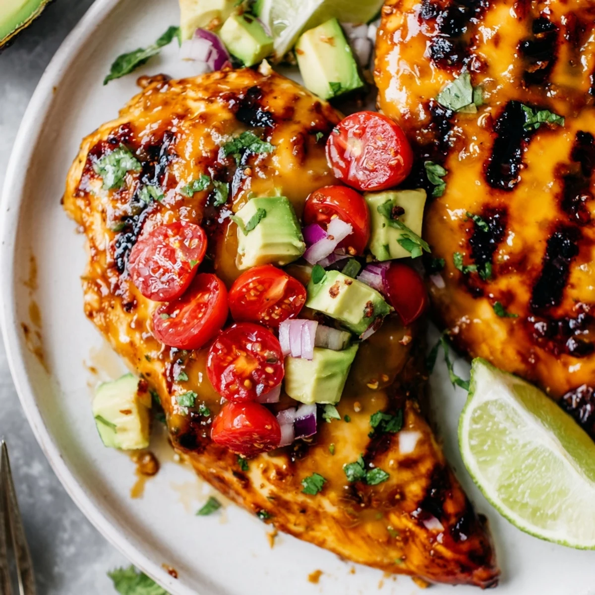 Fiesta Lime Chicken With Avocado plated with lime wedges, cilantro, and warm tortillas.  