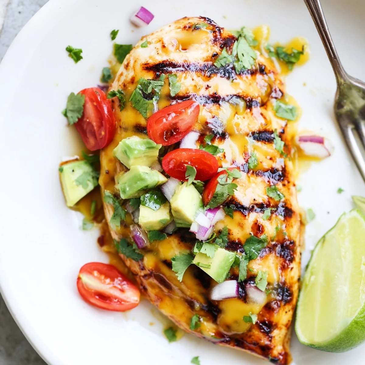 Sizzling Fiesta Lime Chicken With Avocado, honey marinated, smoky grill aroma, bright citrus.