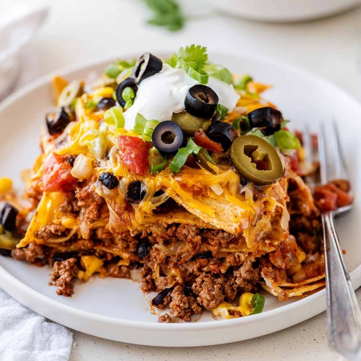 Family-style Cheesy Nacho Casserole served hot with sour cream and jalapenos