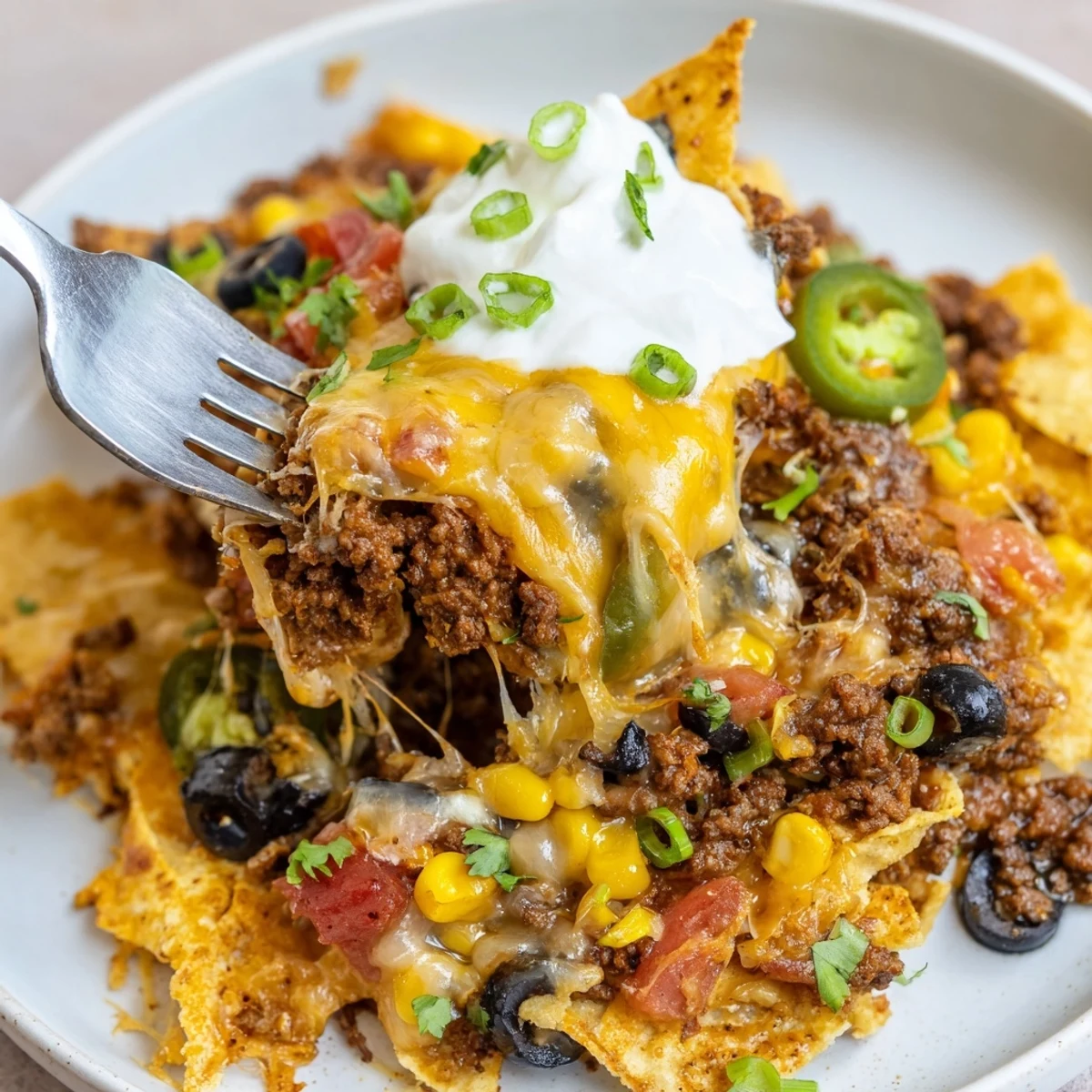 Baked Cheesy Nacho Casserole layered with seasoned beef, tangy salsa, fresh cilantro