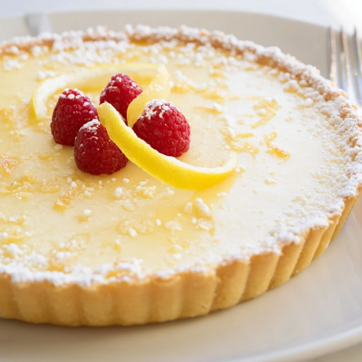 Silky, tangy Creamy Lemon Tart Recipe chilled, served with fresh berries and zest