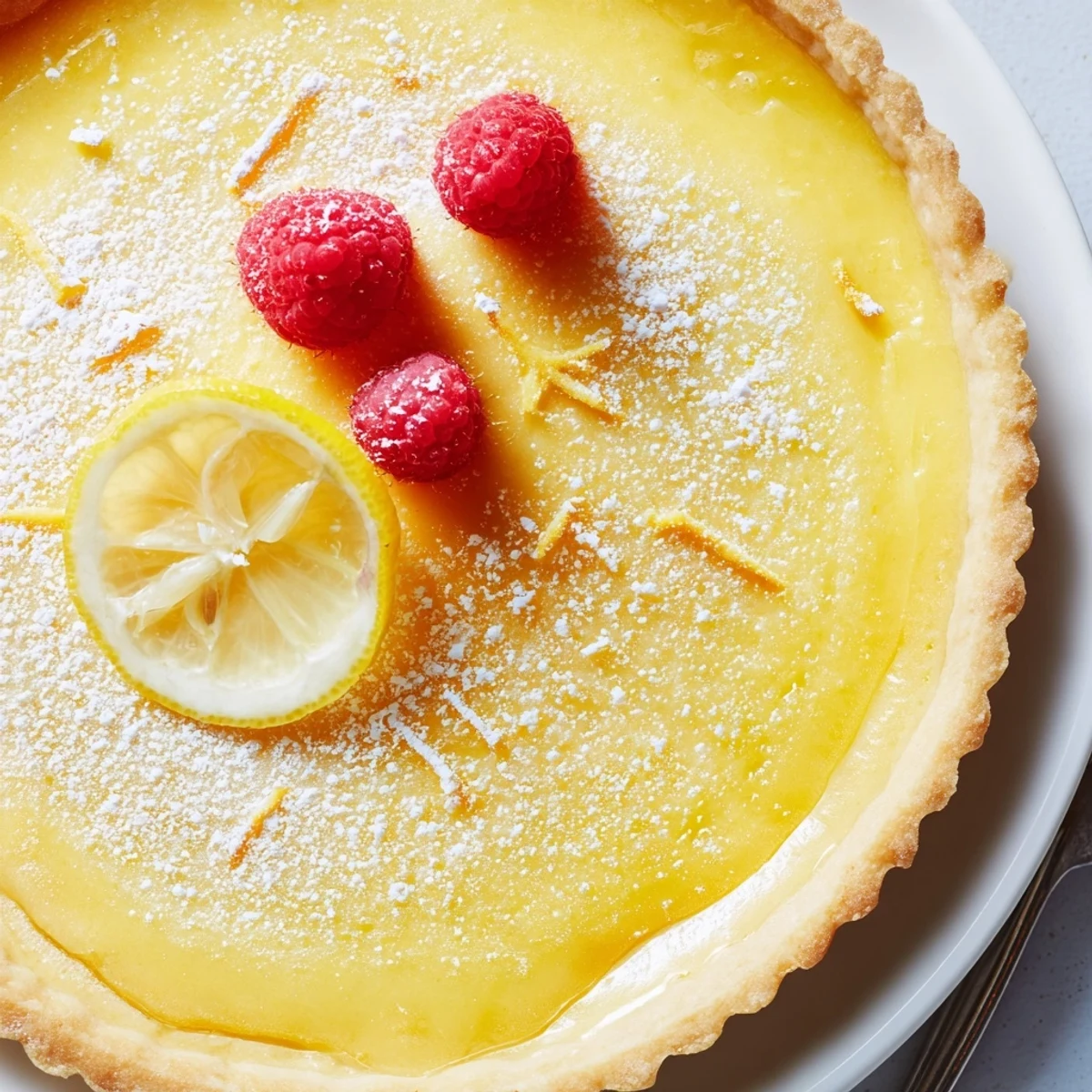 Creamy Lemon Tart Recipe on a golden crust dusted with powdered sugar