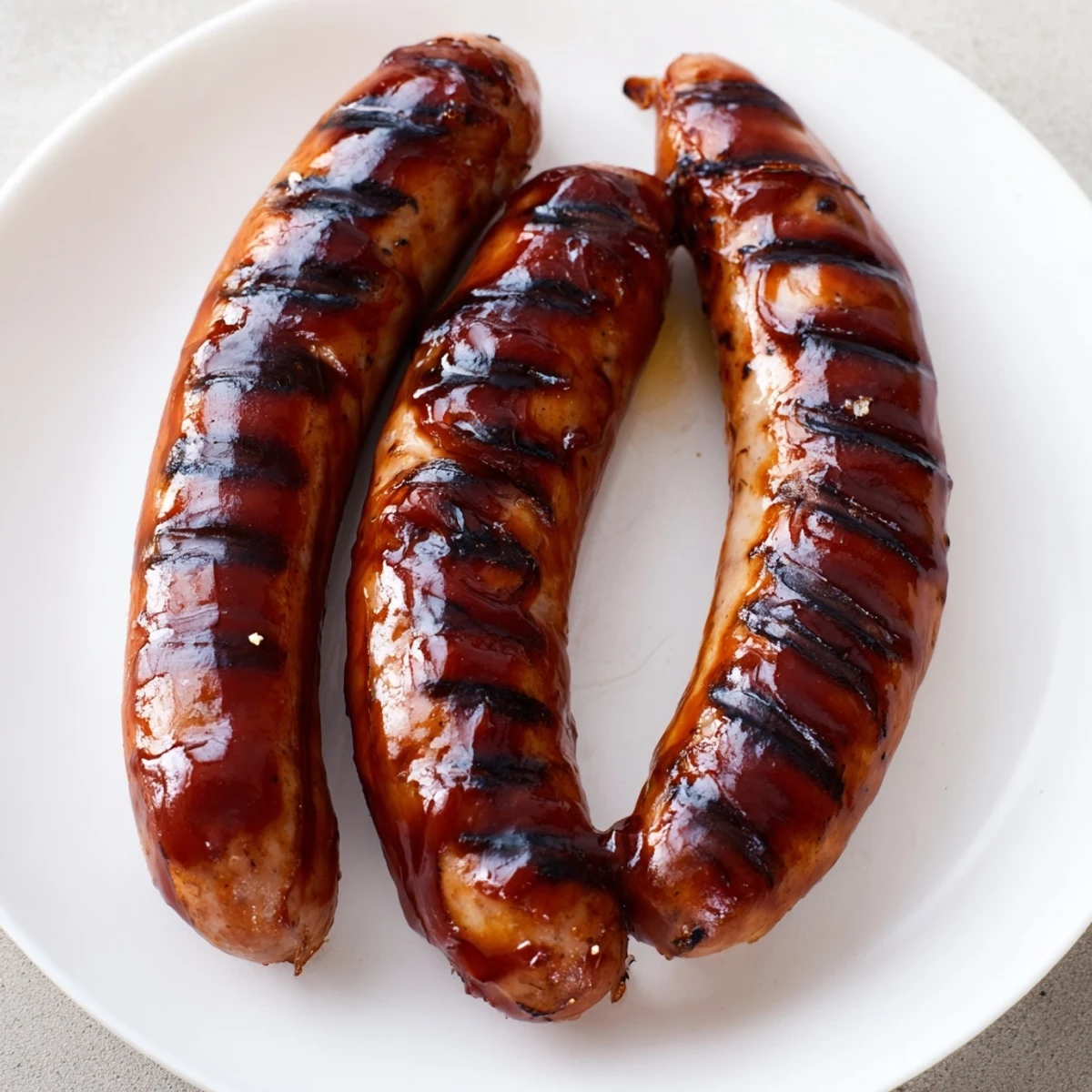 Plated smoky links from the BBQ Sausage Recipe with pickles and slaw.