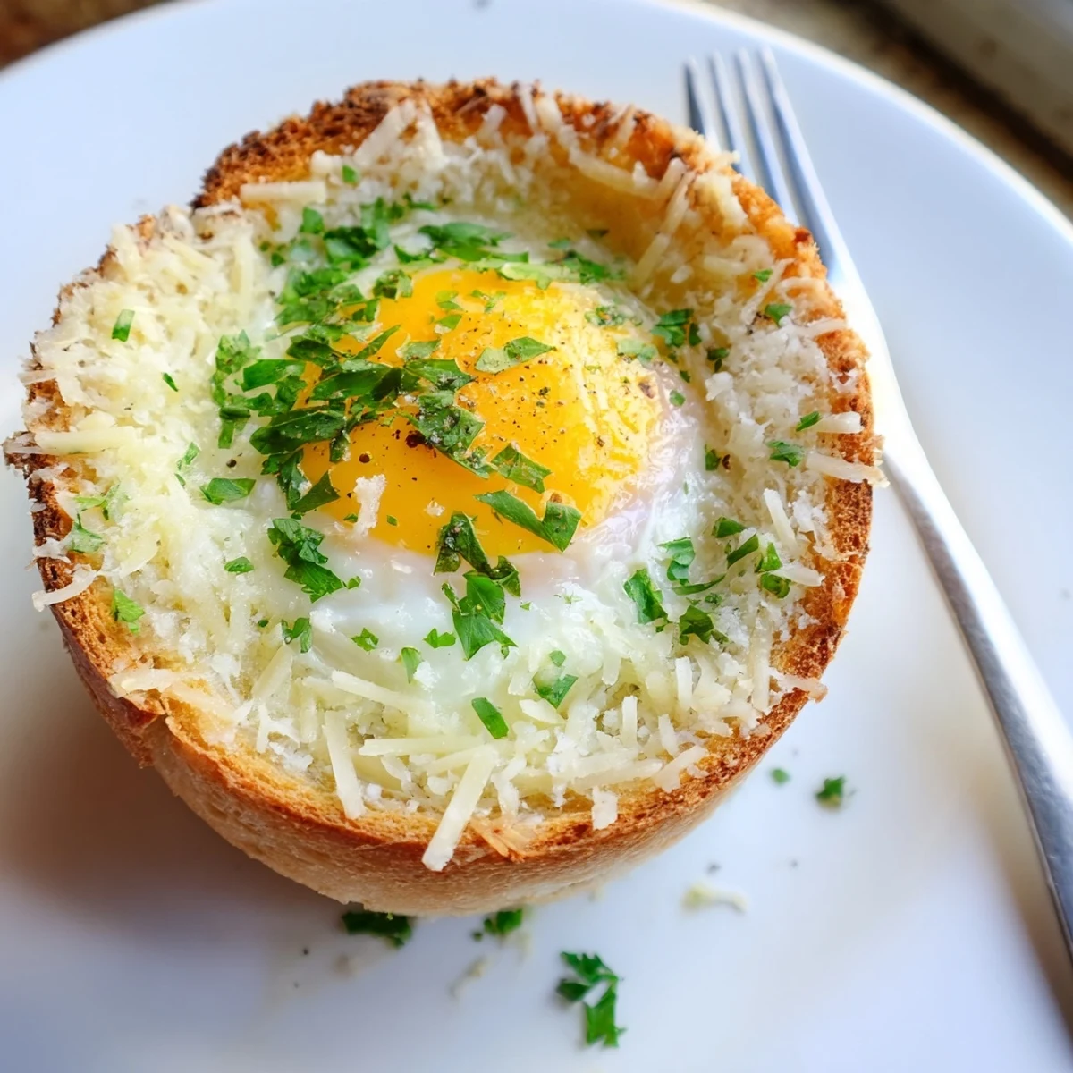Baked Lazy Garlic Bread Egg Cups resting in muffin tin, sprinkled parsley