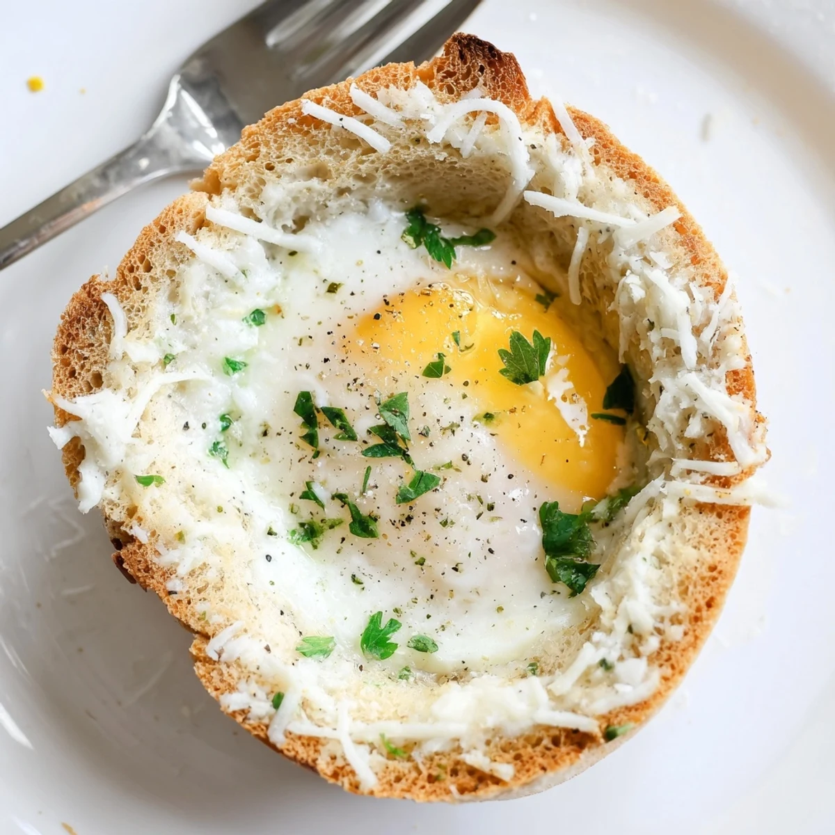 Crispy edges Lazy Garlic Bread Egg Cups topped with melted cheese, served warm