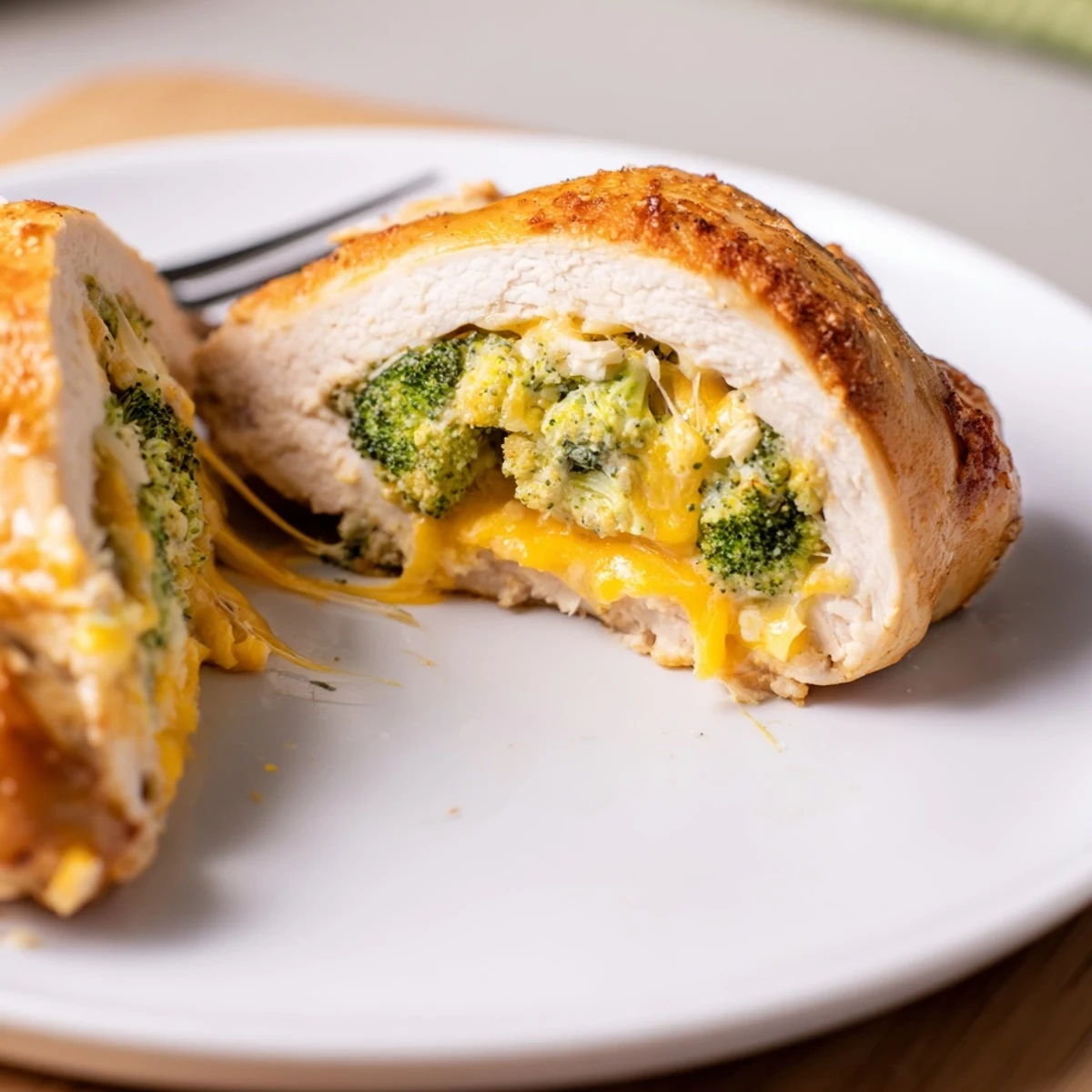 Savory Broccoli Cheese Stuffed Chicken Breast sliced, creamy filling, garlic and paprika aromas.