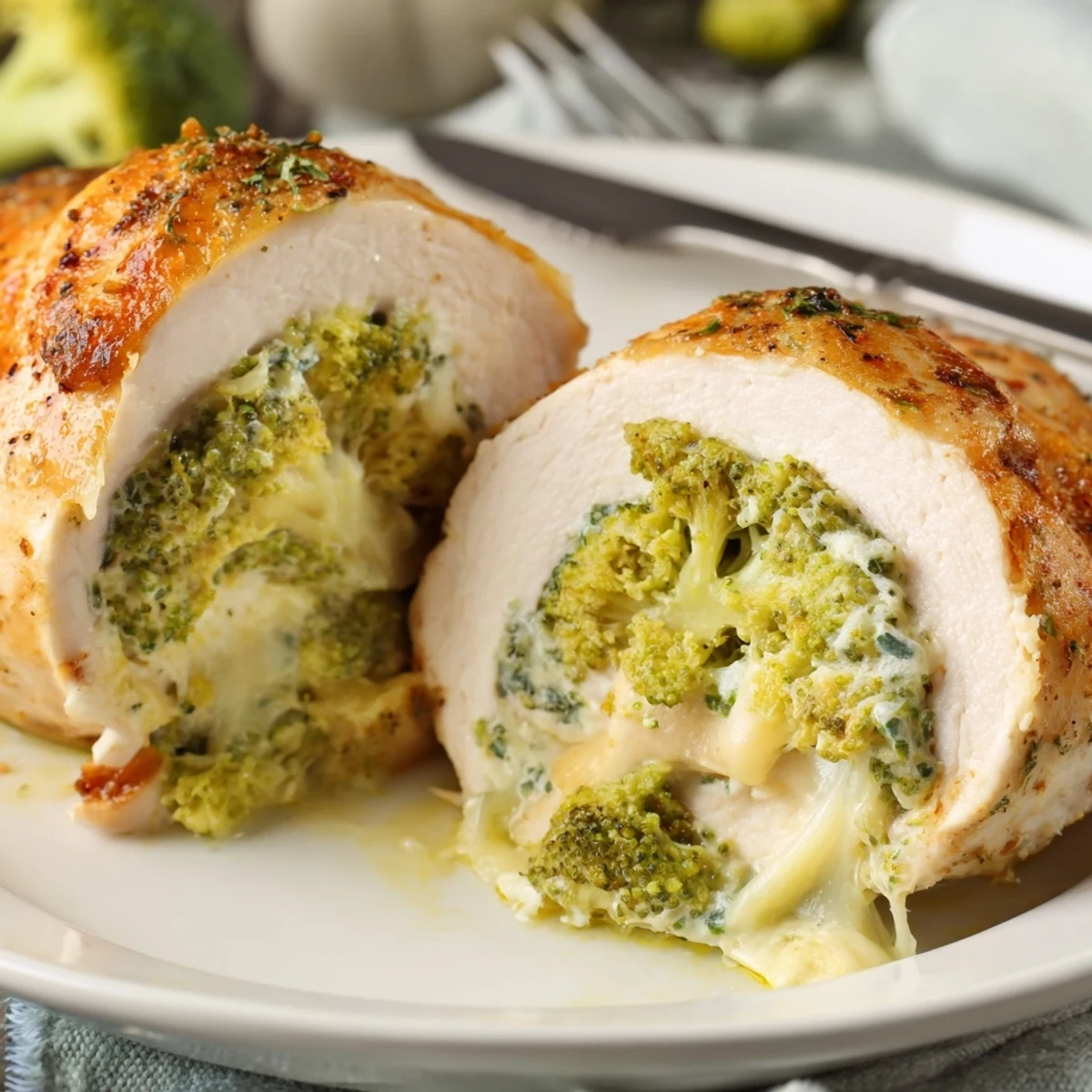 Broccoli Cheese Stuffed Chicken Breast, golden baked, oozing melted cheddar and herbs.
