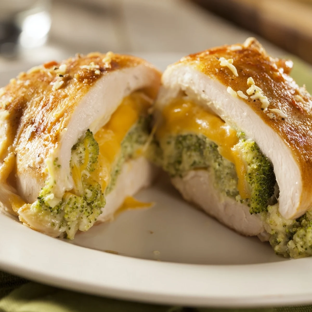 Juicy Broccoli Cheese Stuffed Chicken Breast on parchment, ready to serve with salad.
