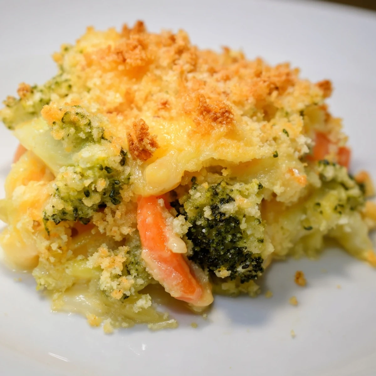 Oven-fresh Cheese Bake Broccoli Carrots with crispy panko topping, creamy sauce