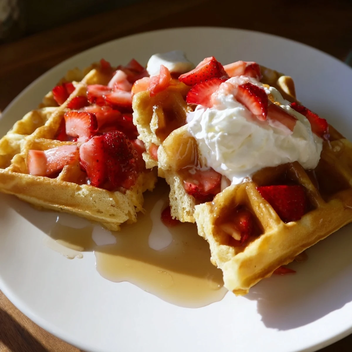 Strawberry Waffles Recipe: golden, fluffy waffles topped with whipped cream and berries
