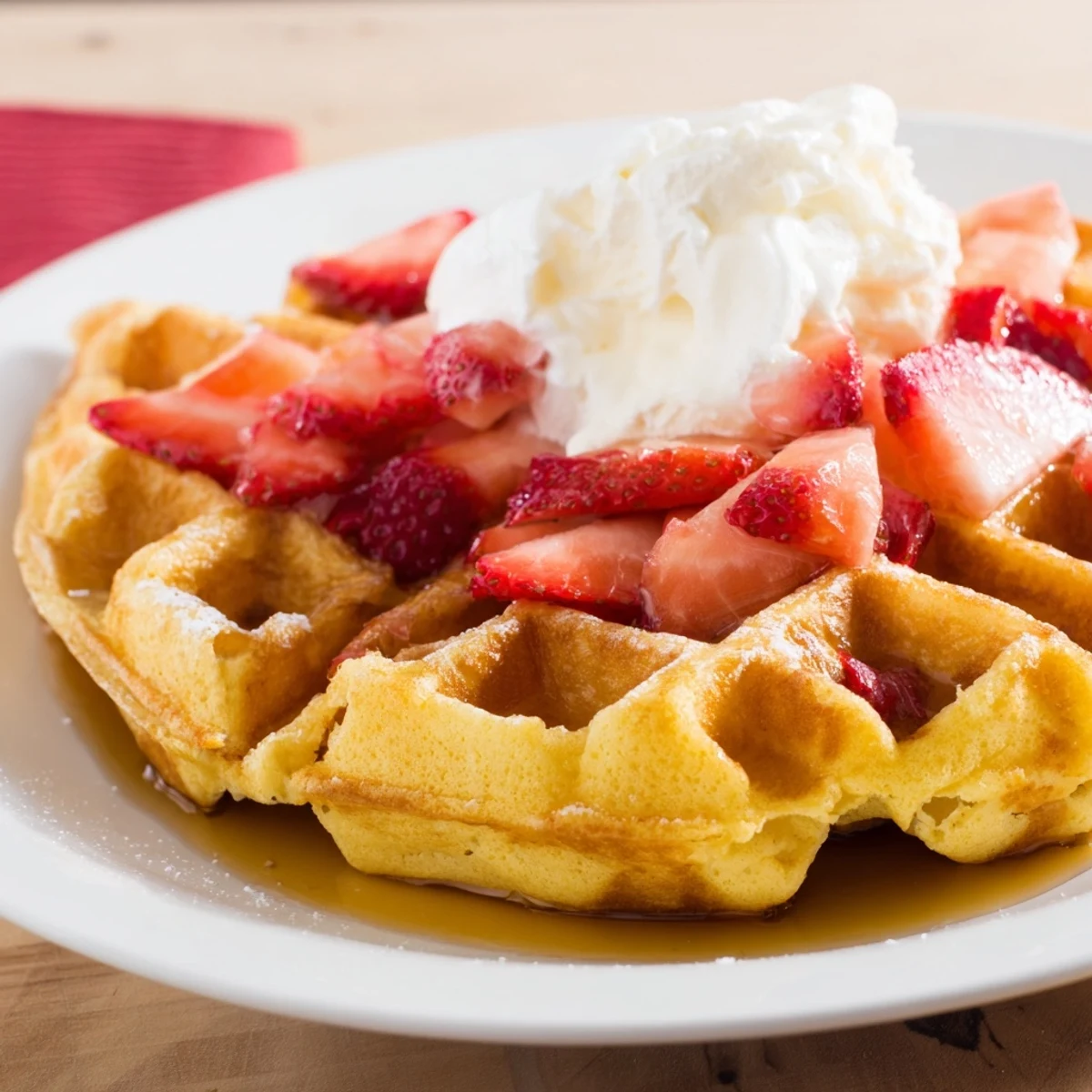 Homestyle Strawberry Waffles Recipe on plate, steam rising, fresh berry aroma