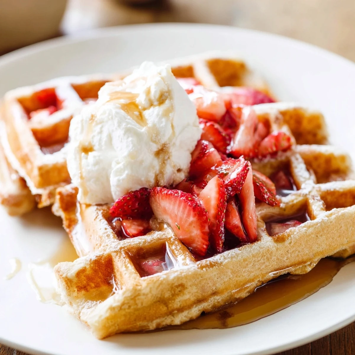 A warm Strawberry Waffles Recipe served with maple syrup and sliced strawberries