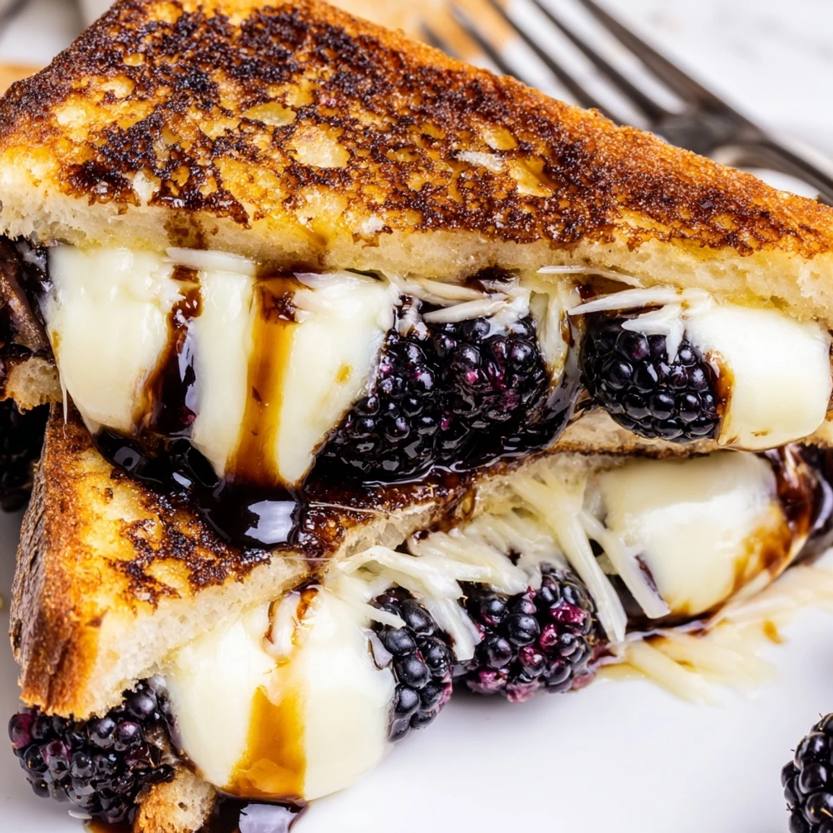 Warm sandwich drizzled with glaze: Balsamic Blackberry Bliss Grilled Cheese, blackberry burst