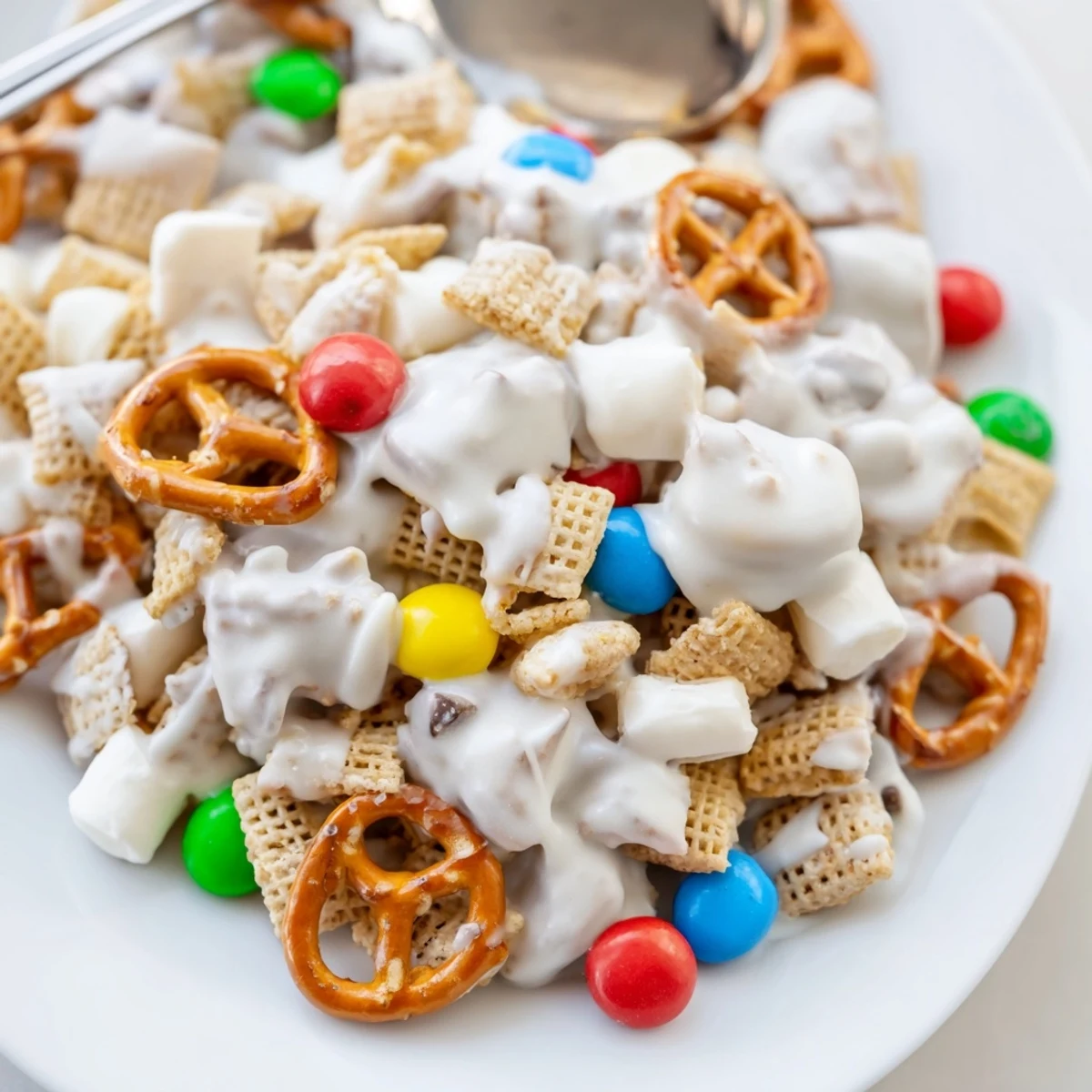 Party ready White Trash Snack Mix broken into chunks, colorful candies peeking