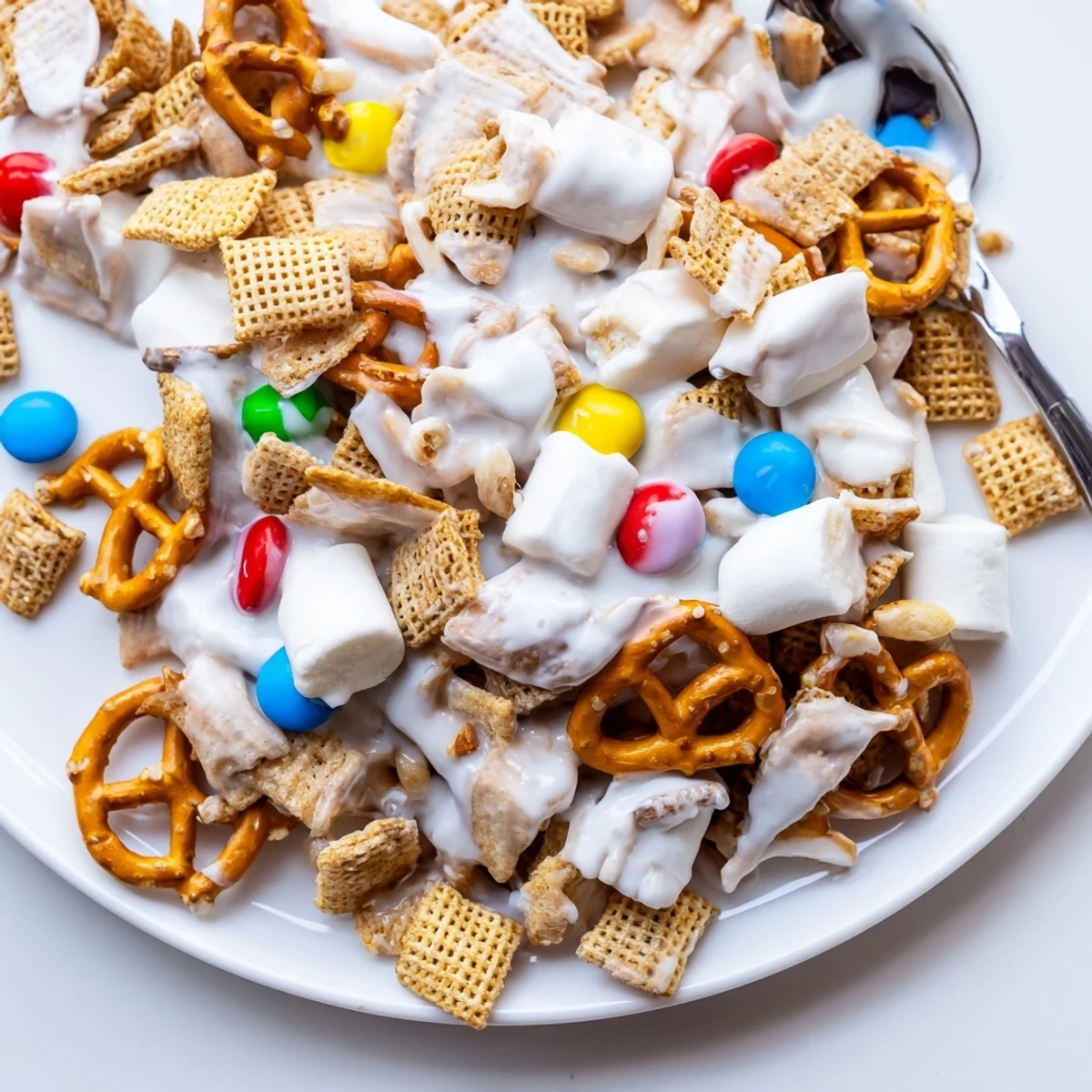 White Trash Snack Mix piled on parchment, crunchy, sweet white chocolate coating
