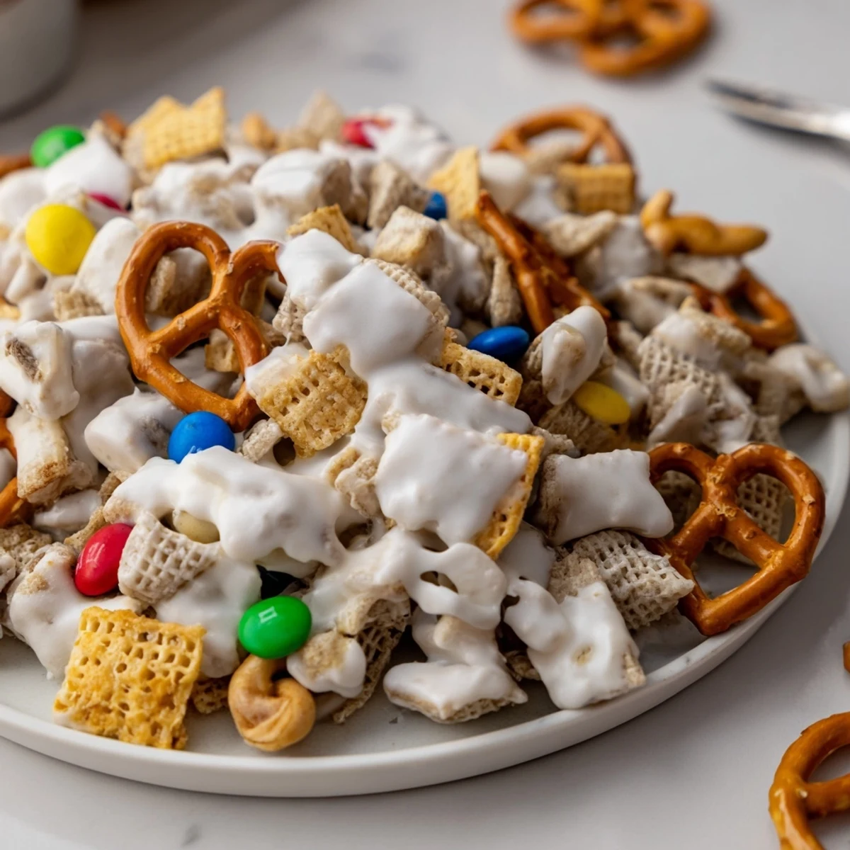 Warm White Trash Snack Mix glossy with melted white chocolate, ready to share