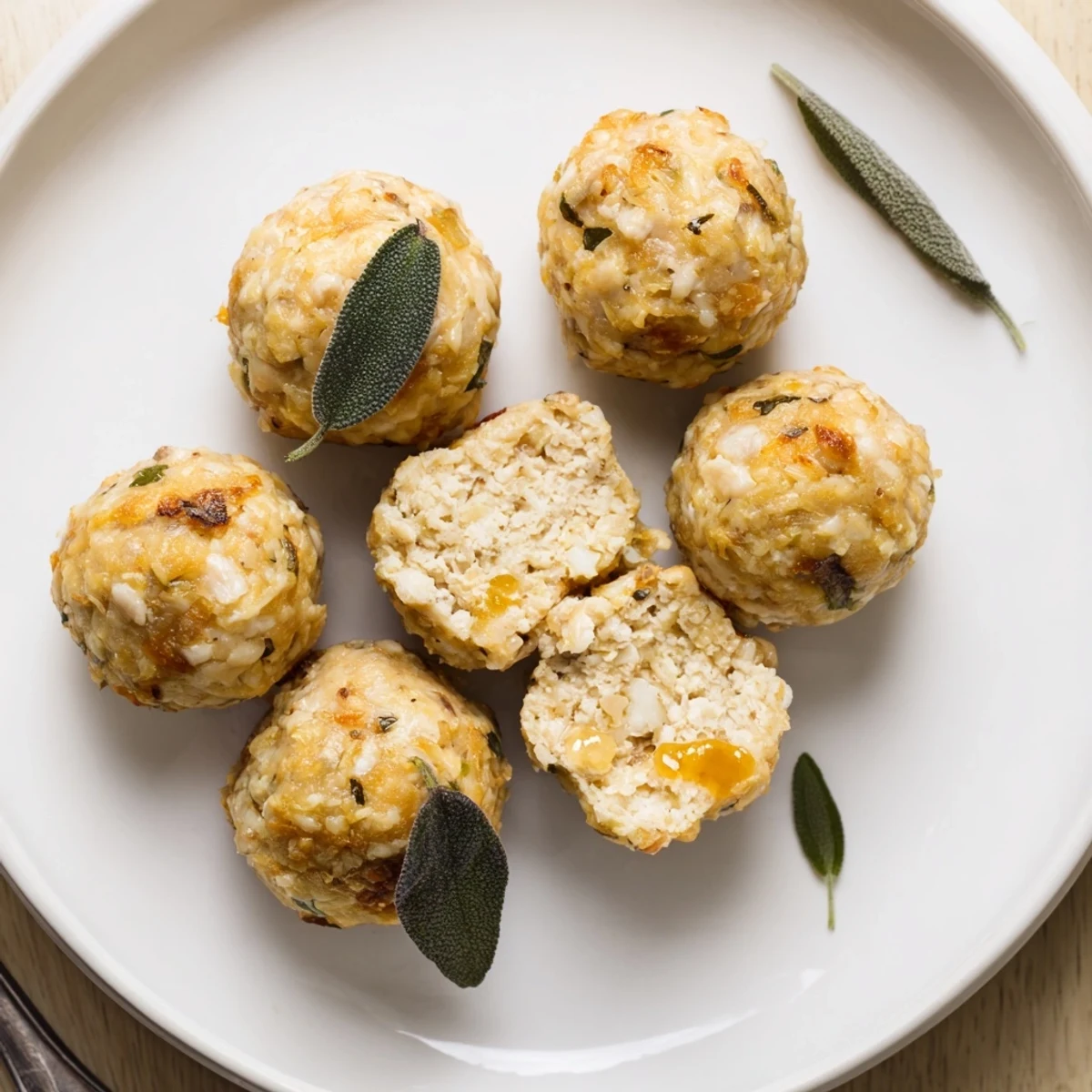 Savory Sage Onion Chicken Balls crisp outside, juicy inside, served with honey-mustard.