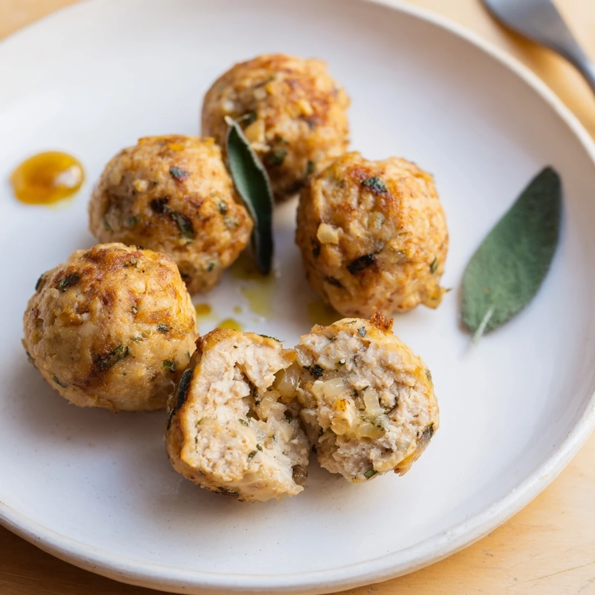 Oven-baked Sage Onion Chicken Balls on a platter beside cranberry sauce.