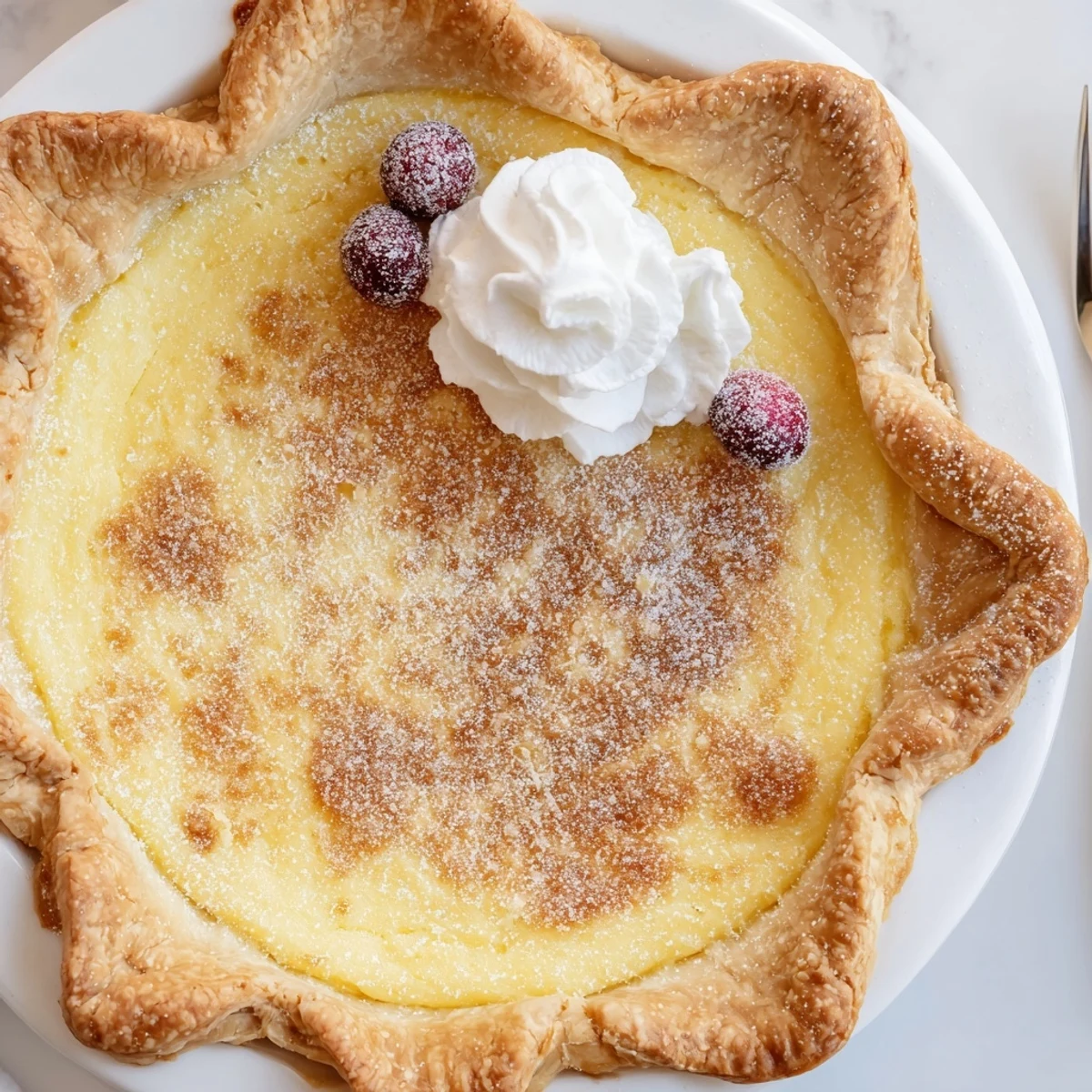 Slice of Christmas Eve Custard Pie With Cinnamon Vanilla dusted with powdered sugar  