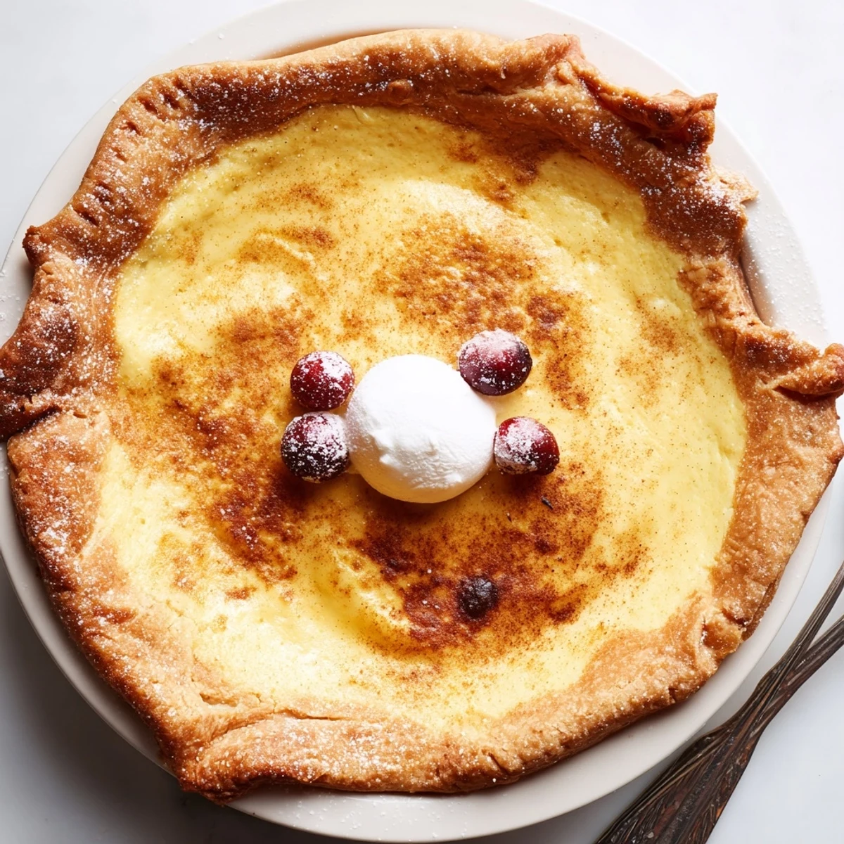 Christmas Eve Custard Pie With Cinnamon Vanilla served with whipped cream and sugared cranberries