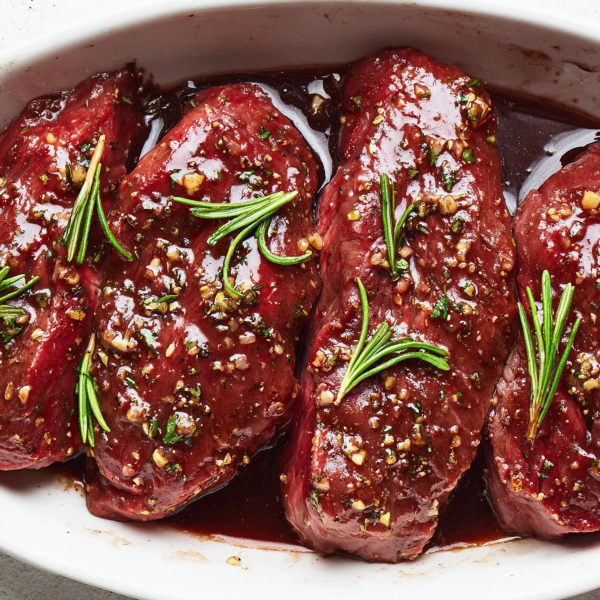 Steak Marinade glistening over raw steaks, garlic and rosemary aromas ready for grilling