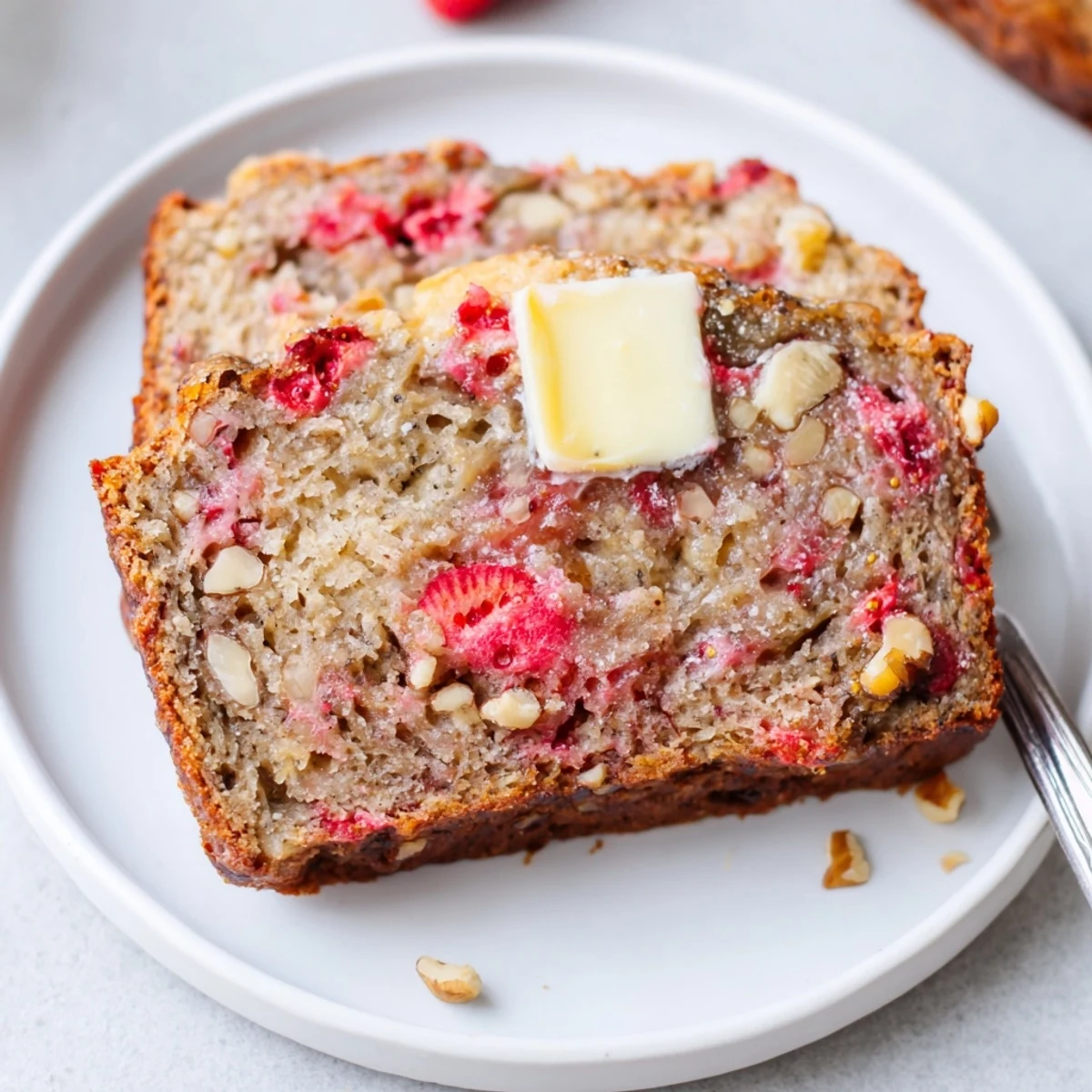 Warm Strawberry Banana Bread Recipe loaf with golden crust and juicy strawberries