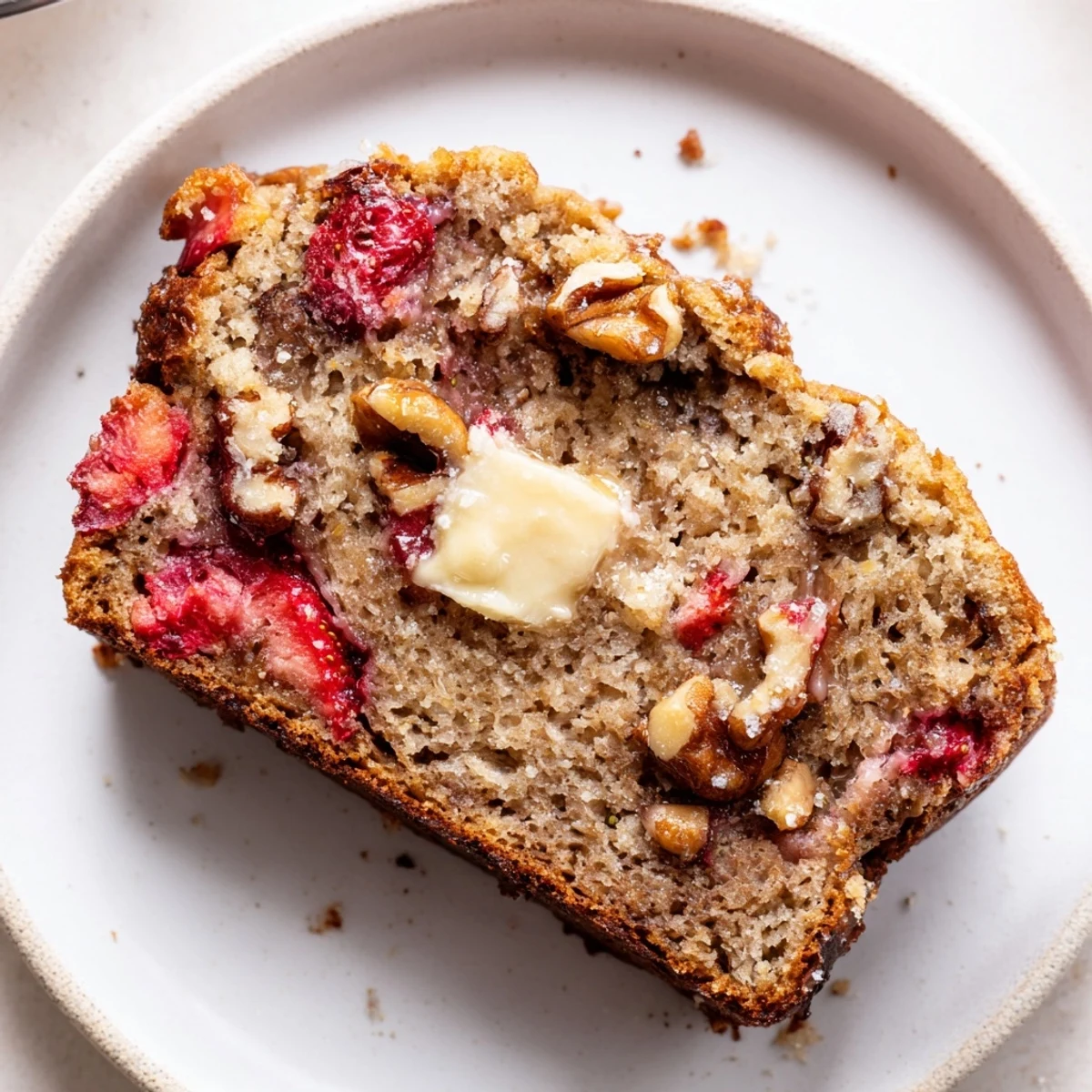 Sliced loaf with butter melting into tender crumb, Strawberry Banana Bread Recipe