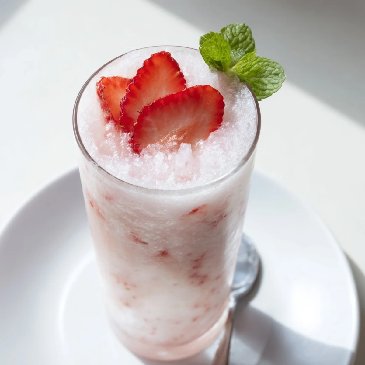 Frosty Strawberry Coconut Cooler Recipe in chilled glasses garnished with mint