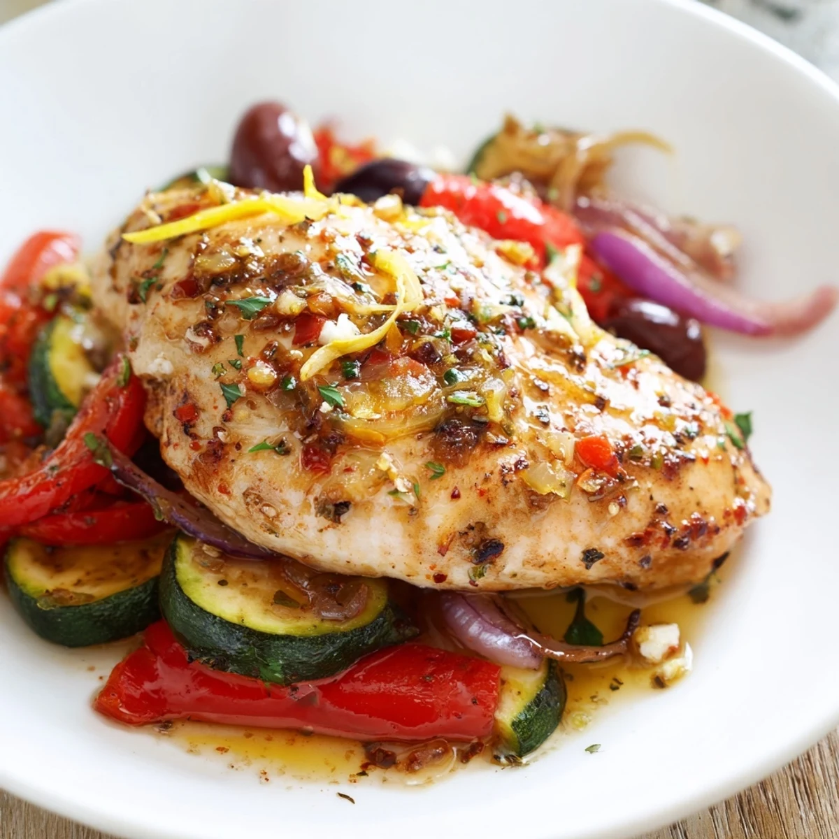 Sheet Pan Mediterranean Chicken Zucchini roasted golden with olives, feta, lemony juices