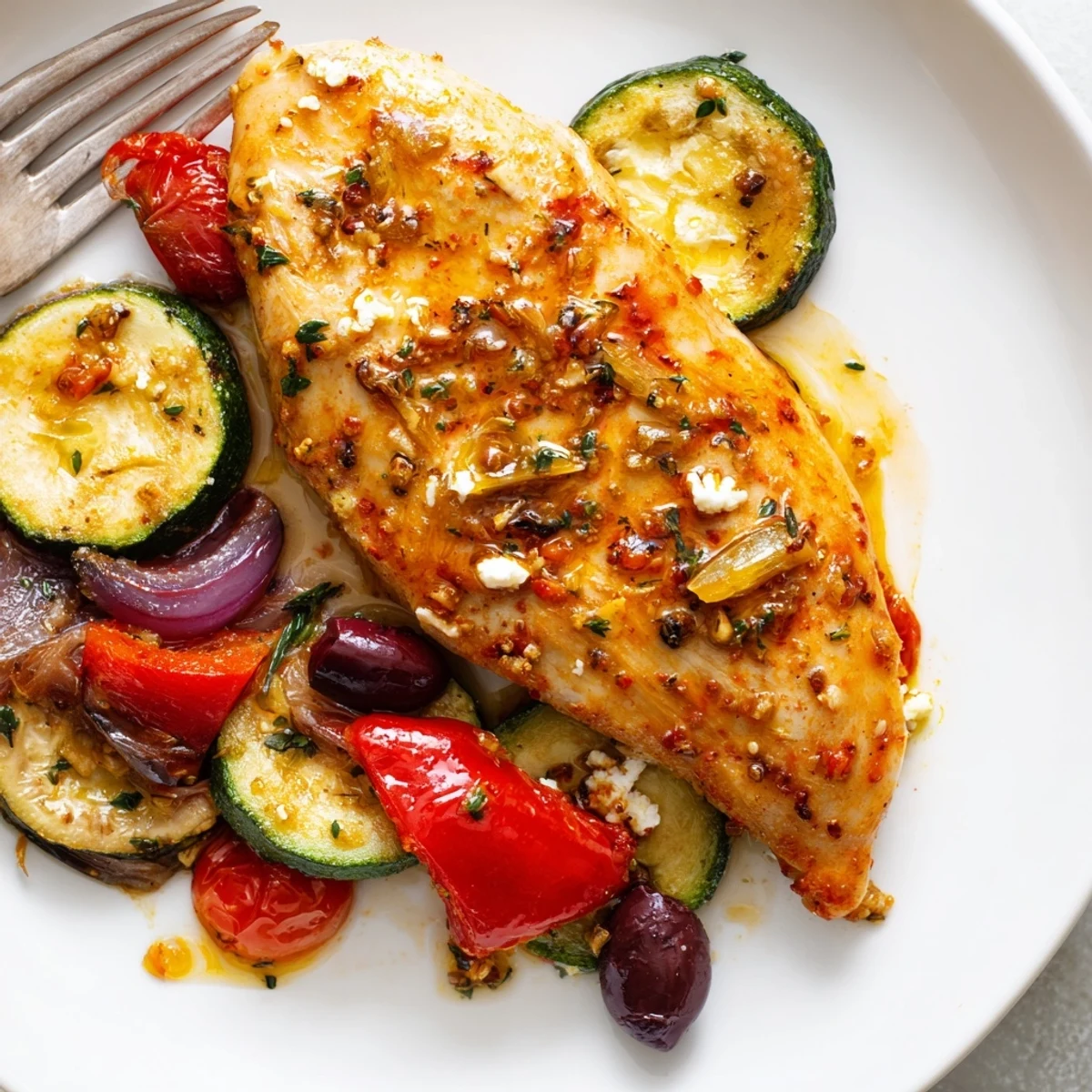 A sizzling Sheet Pan Mediterranean Chicken Zucchini fresh from oven, fragrant herbs
