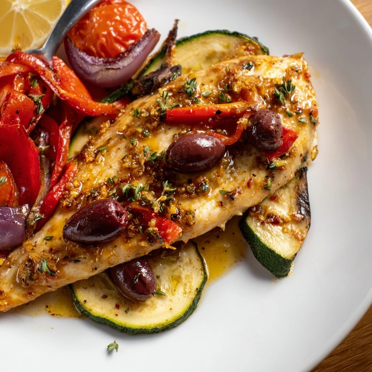 Oven roasted vegetables cradle Sheet Pan Mediterranean Chicken Zucchini, bright lemon drizzle