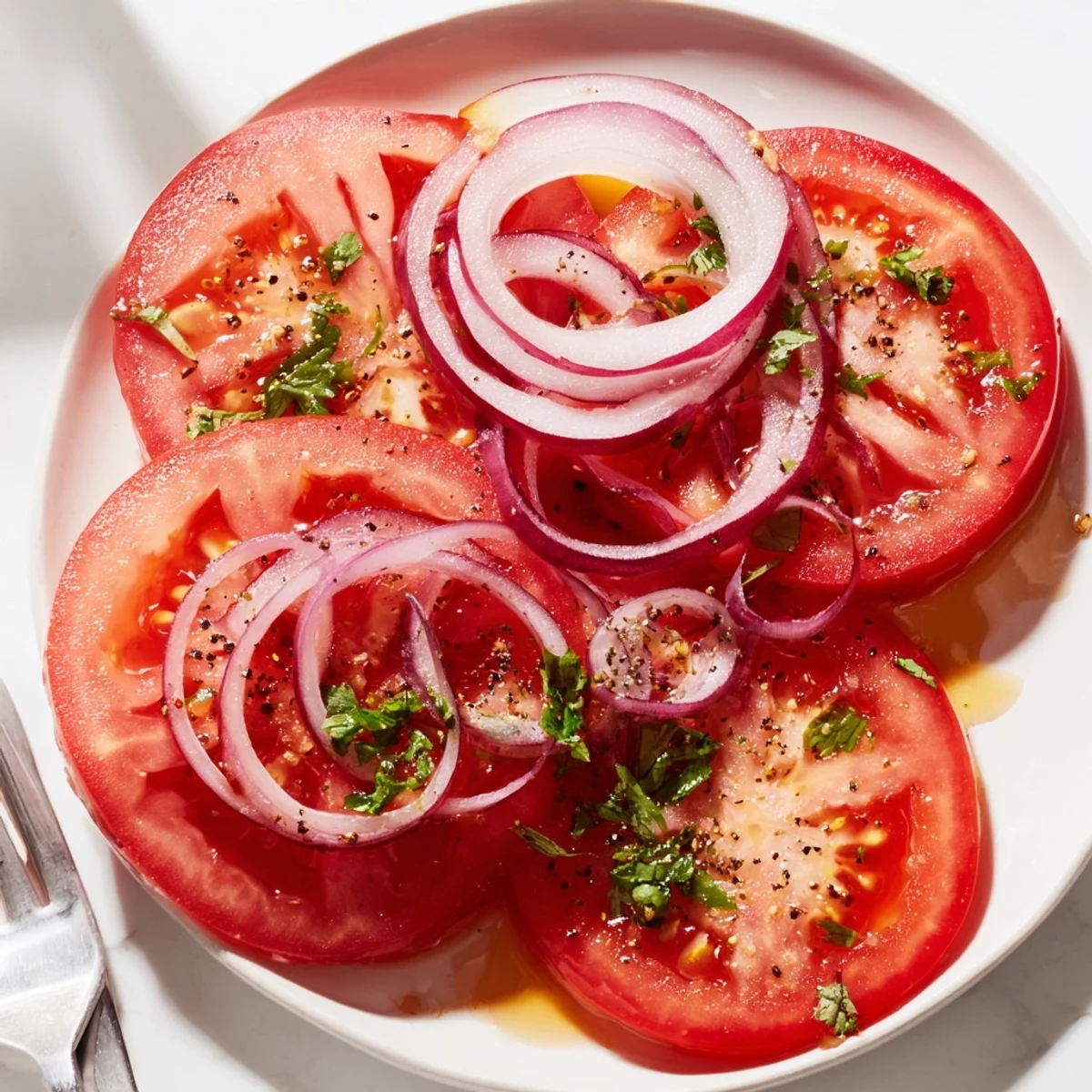 Bright Tomato And Onion Salad with crisp slices, tangy dressing, perfect with grilled meats